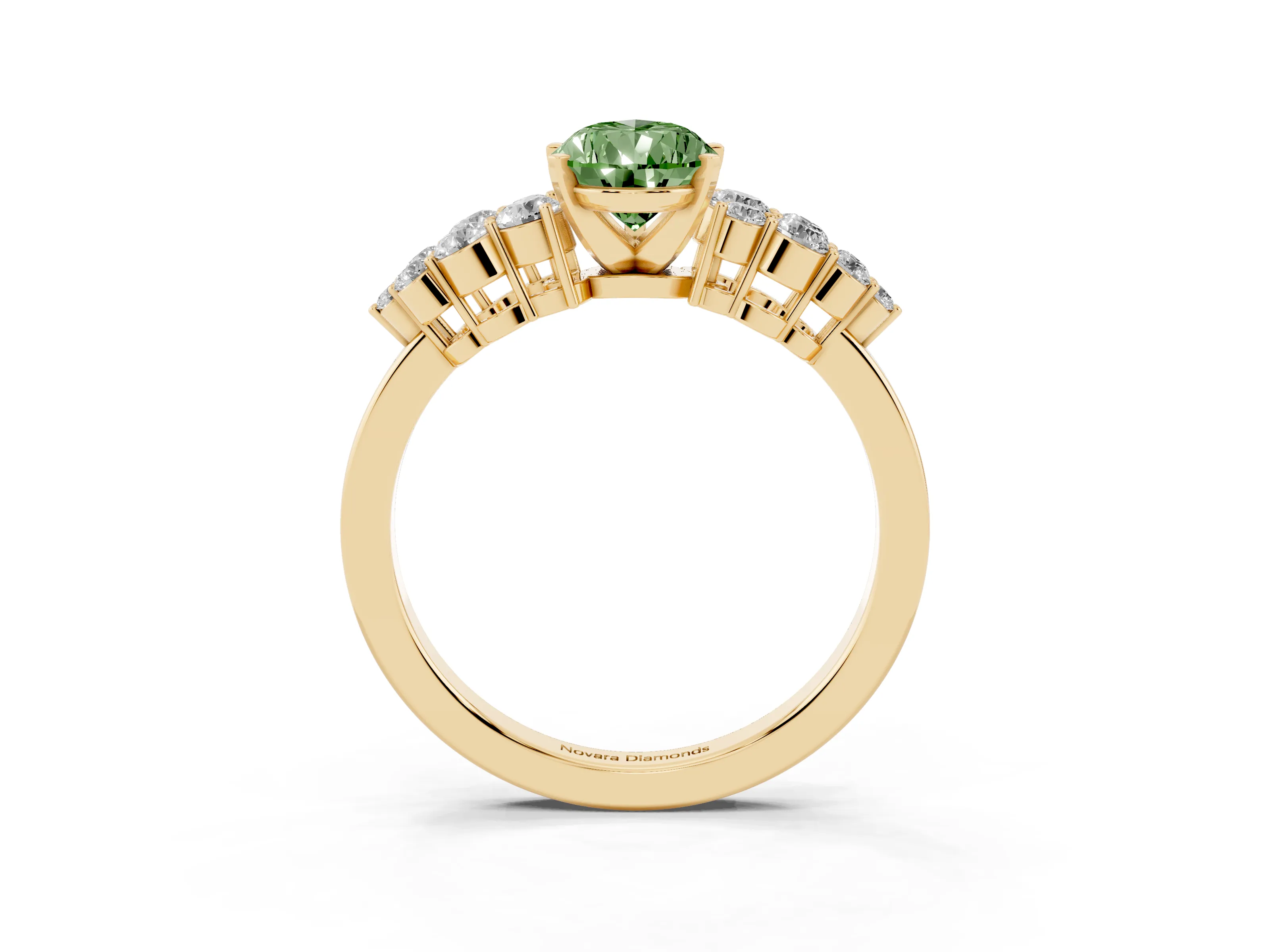 Fancy Green Pear Cut Diamond Cluster Engagement Ring Set in Yellow gold with Pavé Band and Prong Setting