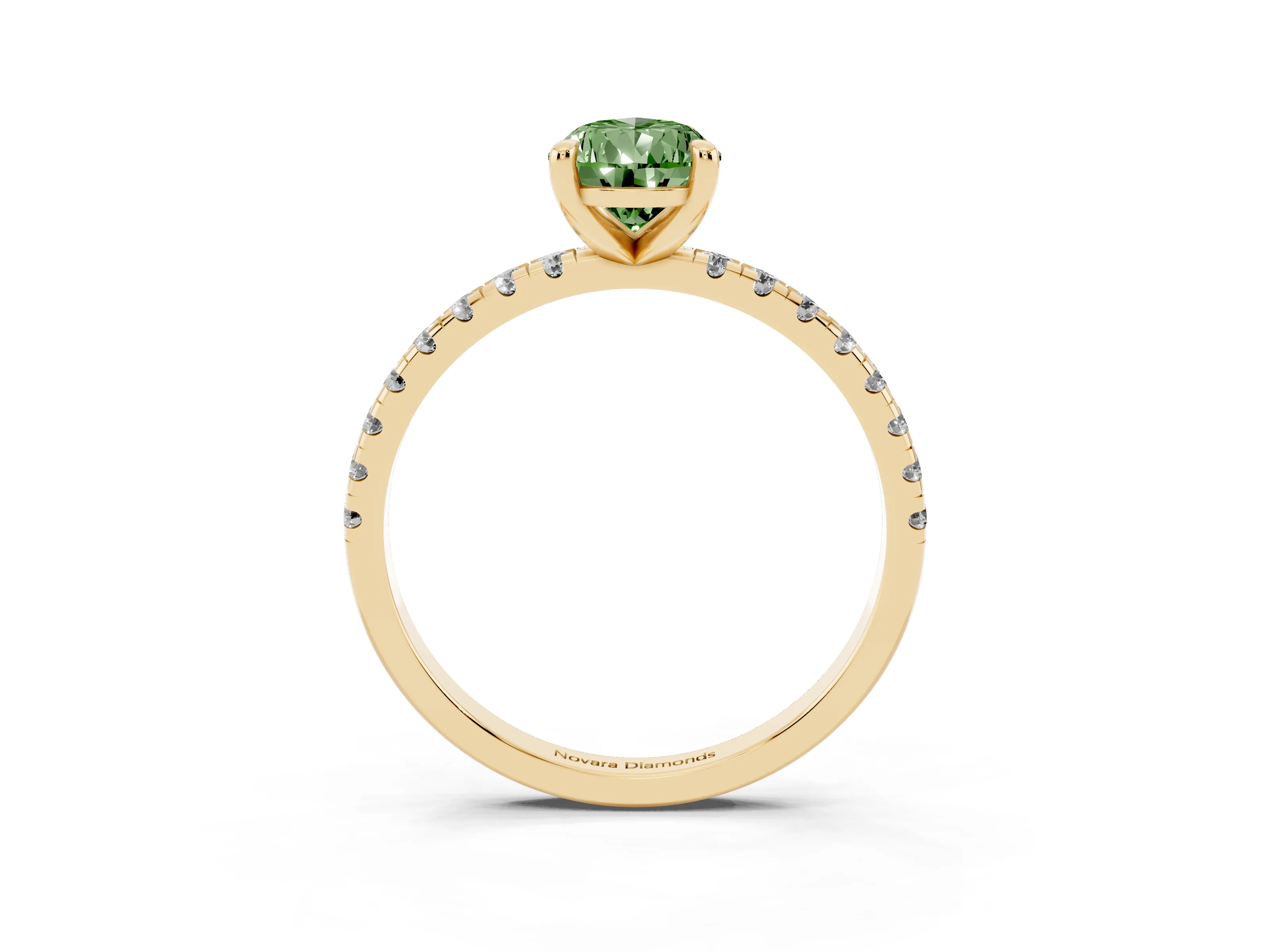 Fancy Green Pear Cut Diamond Brilliant Solitaire Ring Set in Yellow gold with Pavé Band and Prong Setting