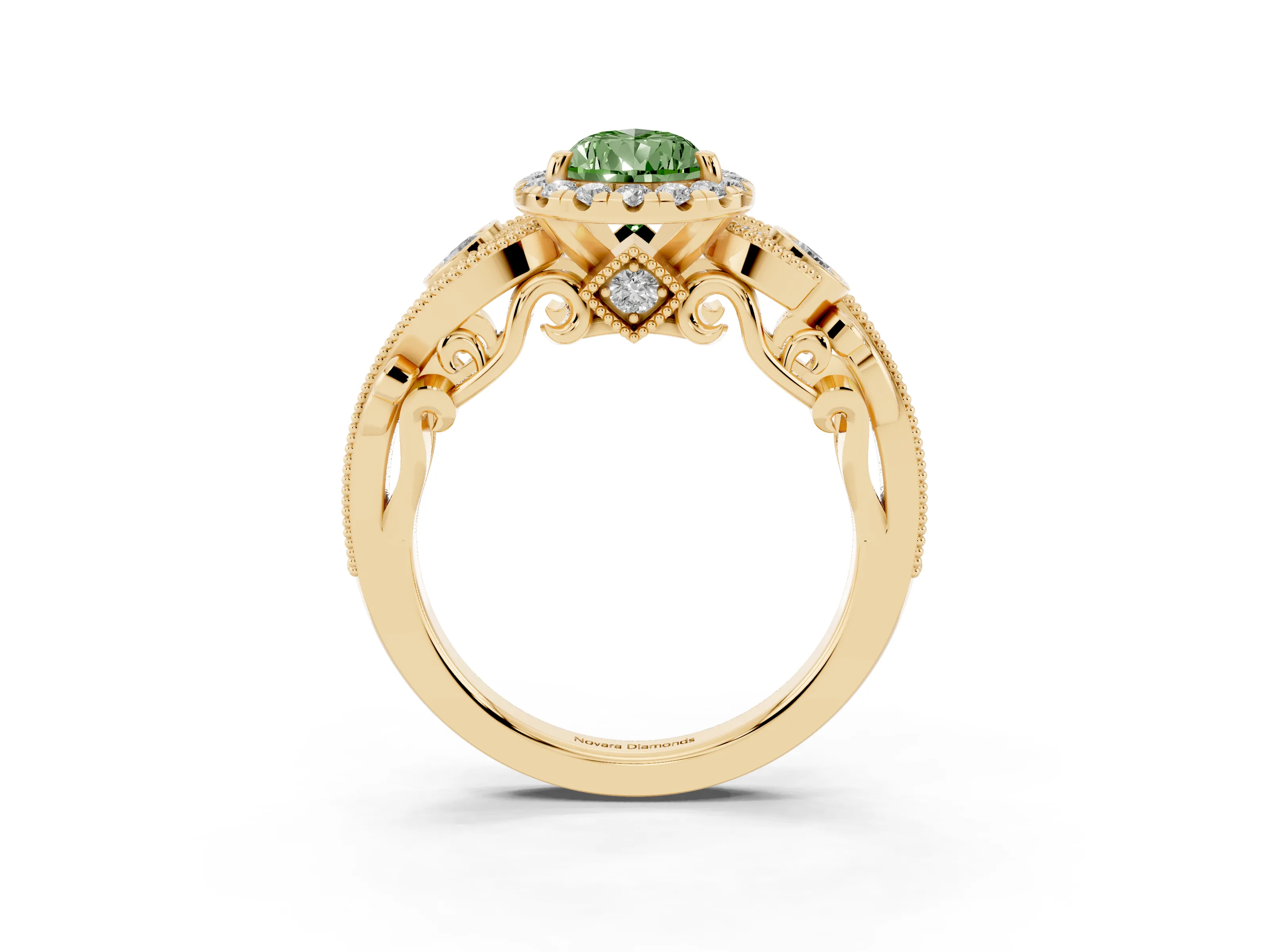 Fancy Green Pear Cut Diamond Halo Ring Set in Yellow gold with Milgrain Pavé Band and Prong Setting