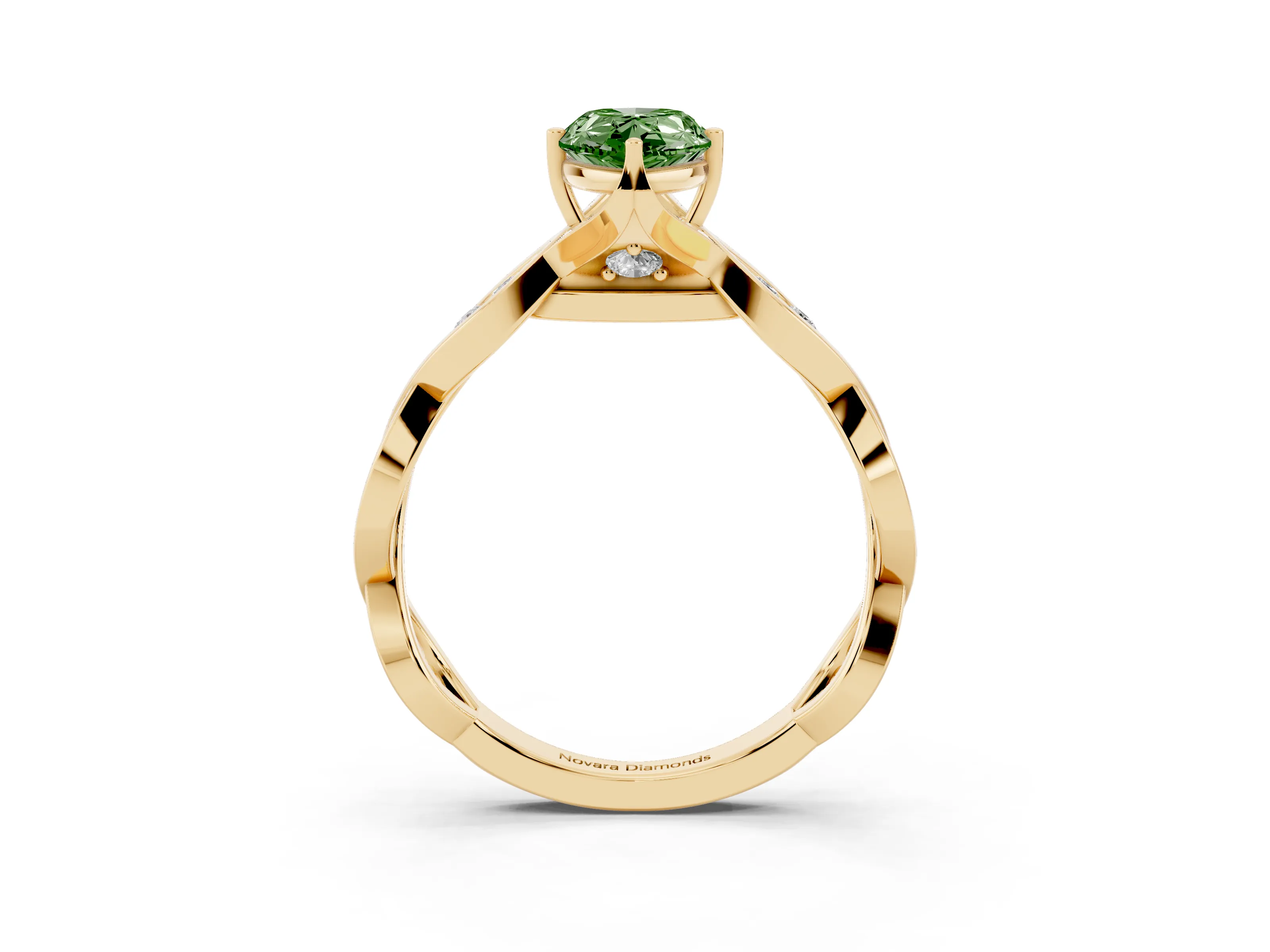 Fancy Green Pear Cut Diamond Twist Band Solitaire Ring Set in Yellow gold with Leaf Prong Setting and Accent Stones