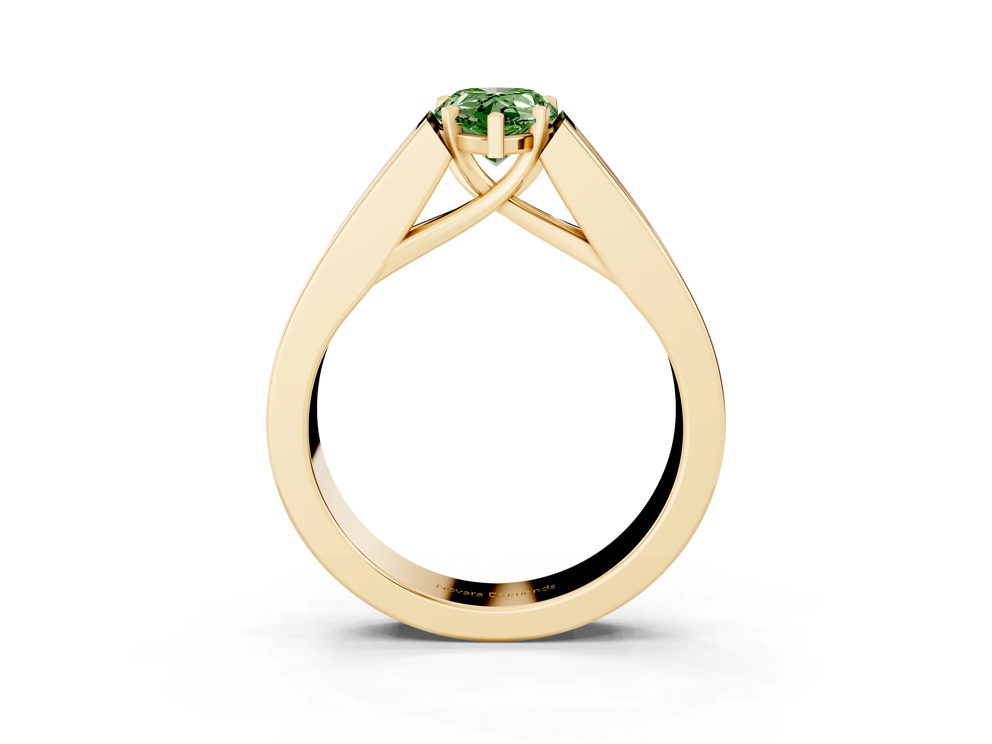 Fancy Green Pear Cut Diamond Solitaire Ring Set in Yellow gold with Channel-Set Accent Stones and Prong Setting