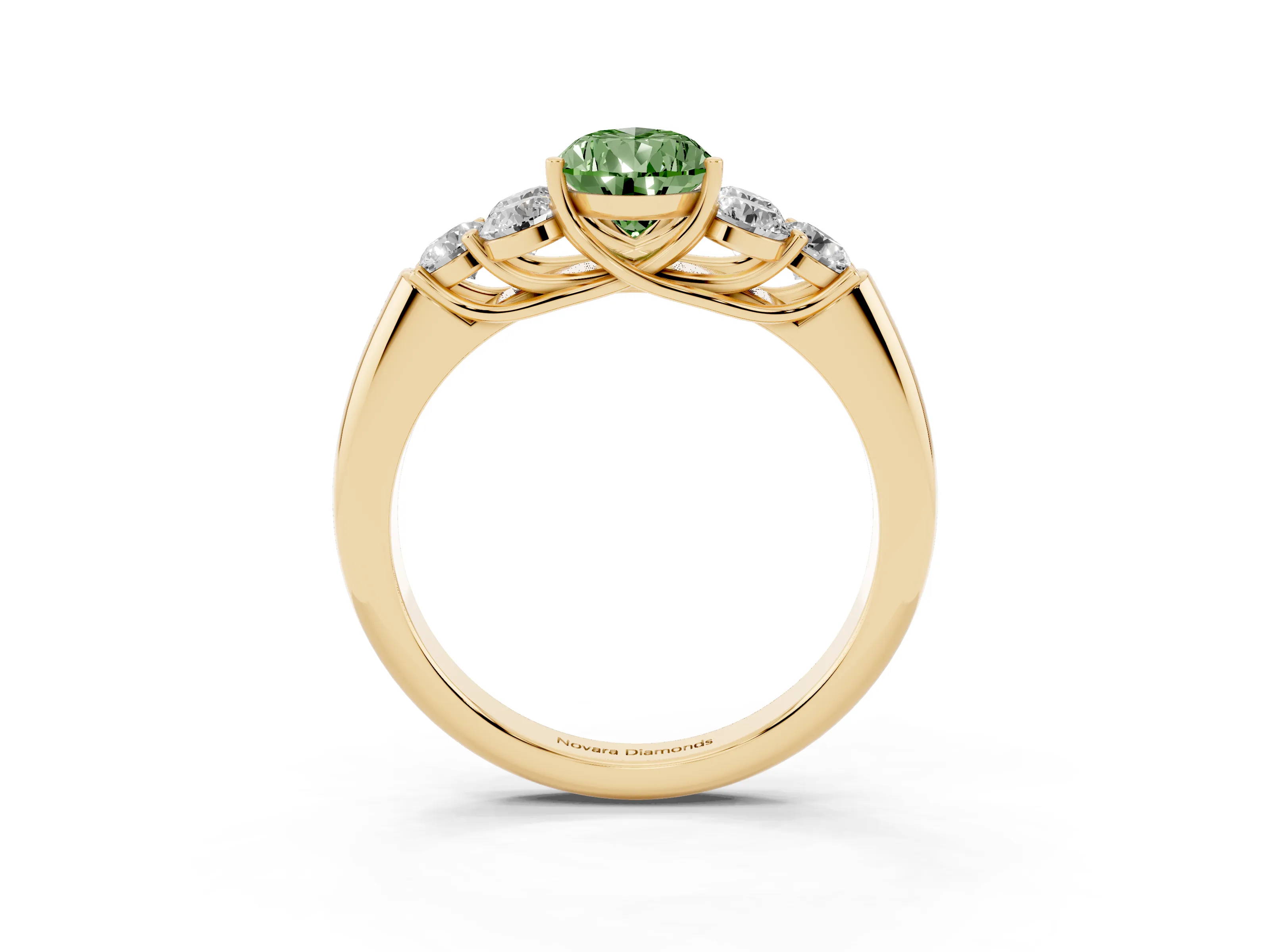Fancy Green Pear Cut Diamond Cluster Ring Set in Yellow gold with Round Accent Stones and Prong Setting on a Plain Band