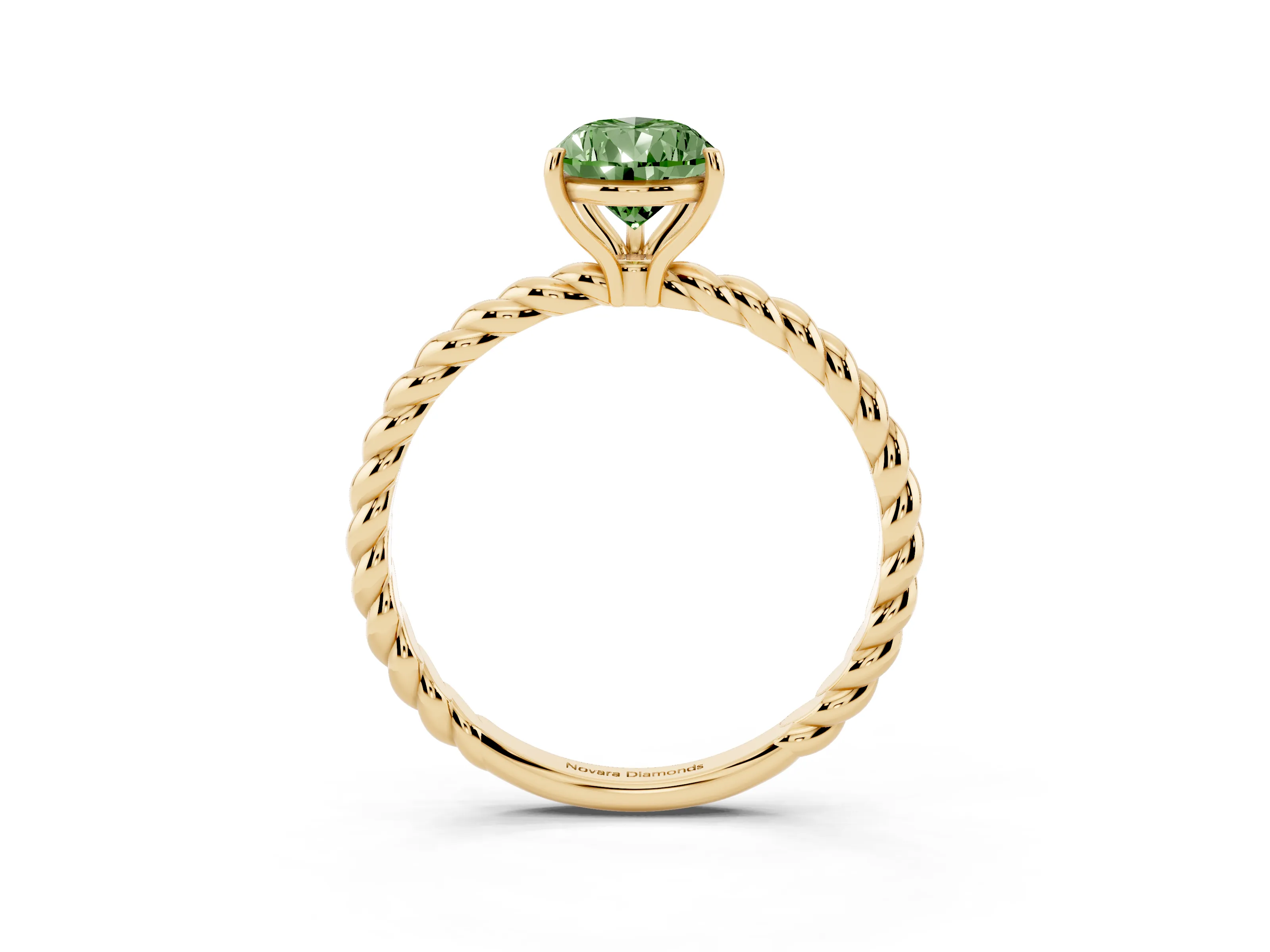Fancy Green Pear Cut Diamond Solitaire Ring Set in Yellow gold with Twist Band and Prong Setting
