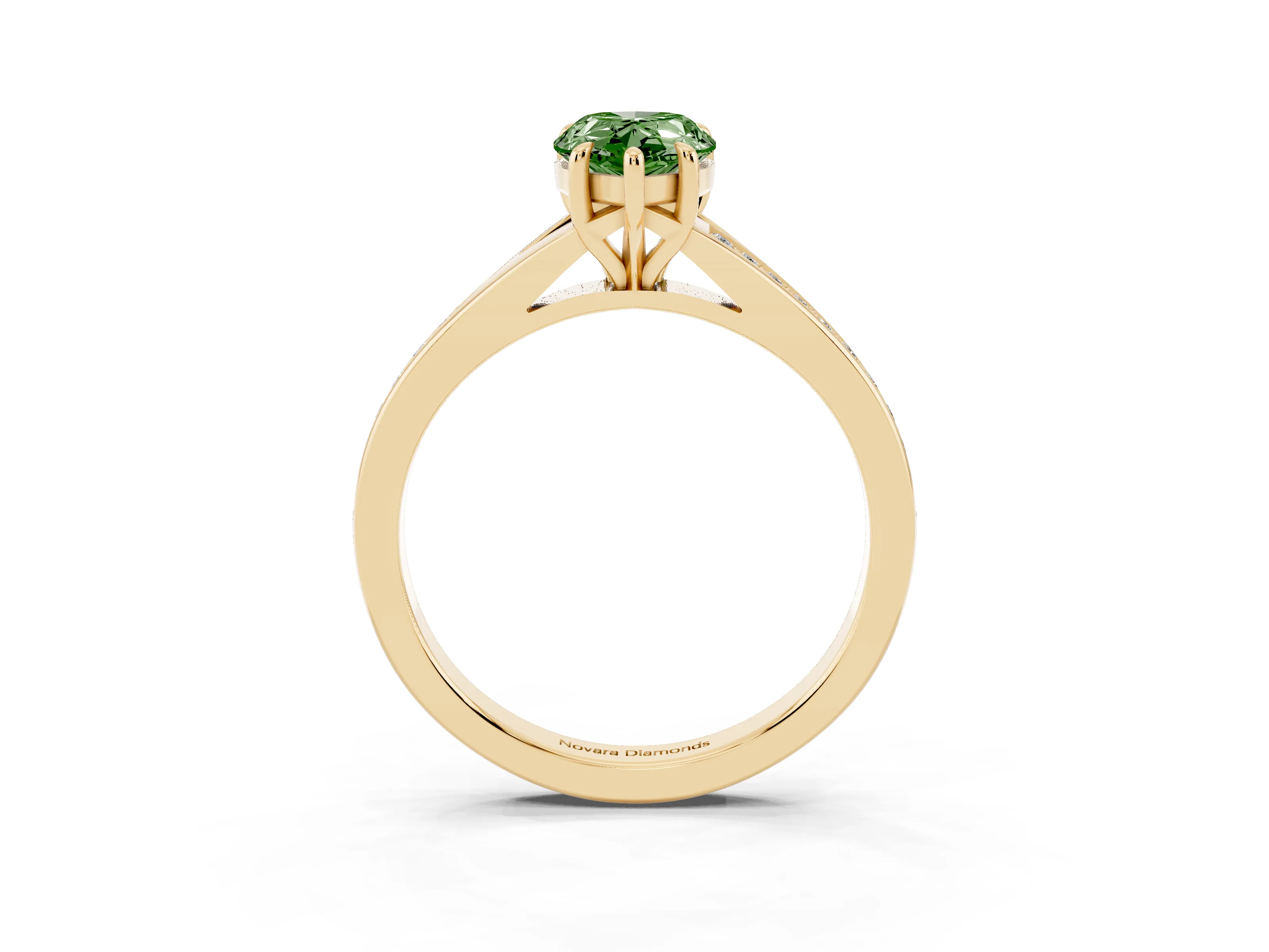Fancy Green Pear Cut Diamond Solitaire Ring Set in Yellow gold with Pavé Accent Band and Classic Prong Setting