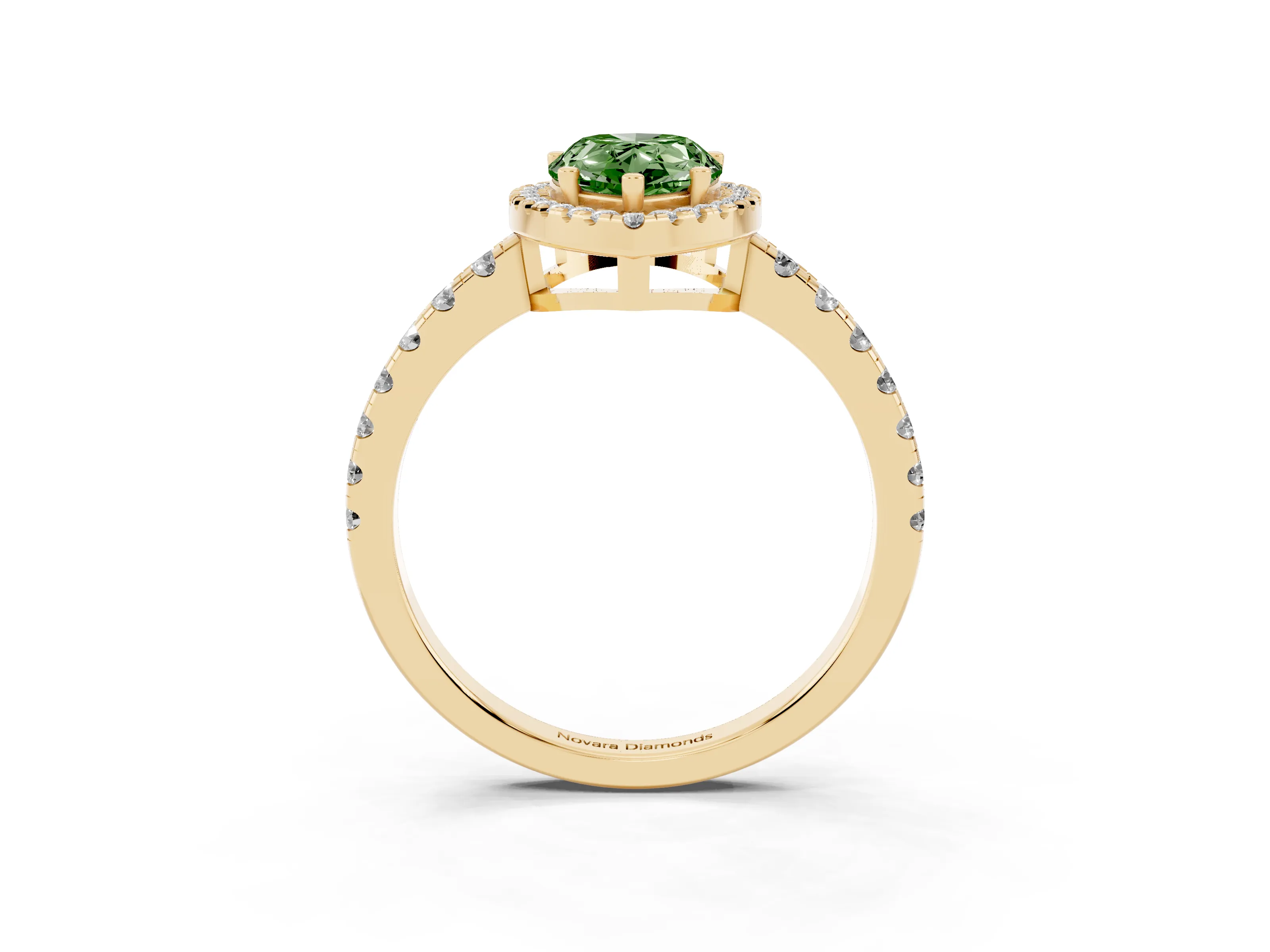 Fancy Green Pear Cut Diamond Halo Ring Set in Yellow gold with Delicate Pavé Band and Prong Setting