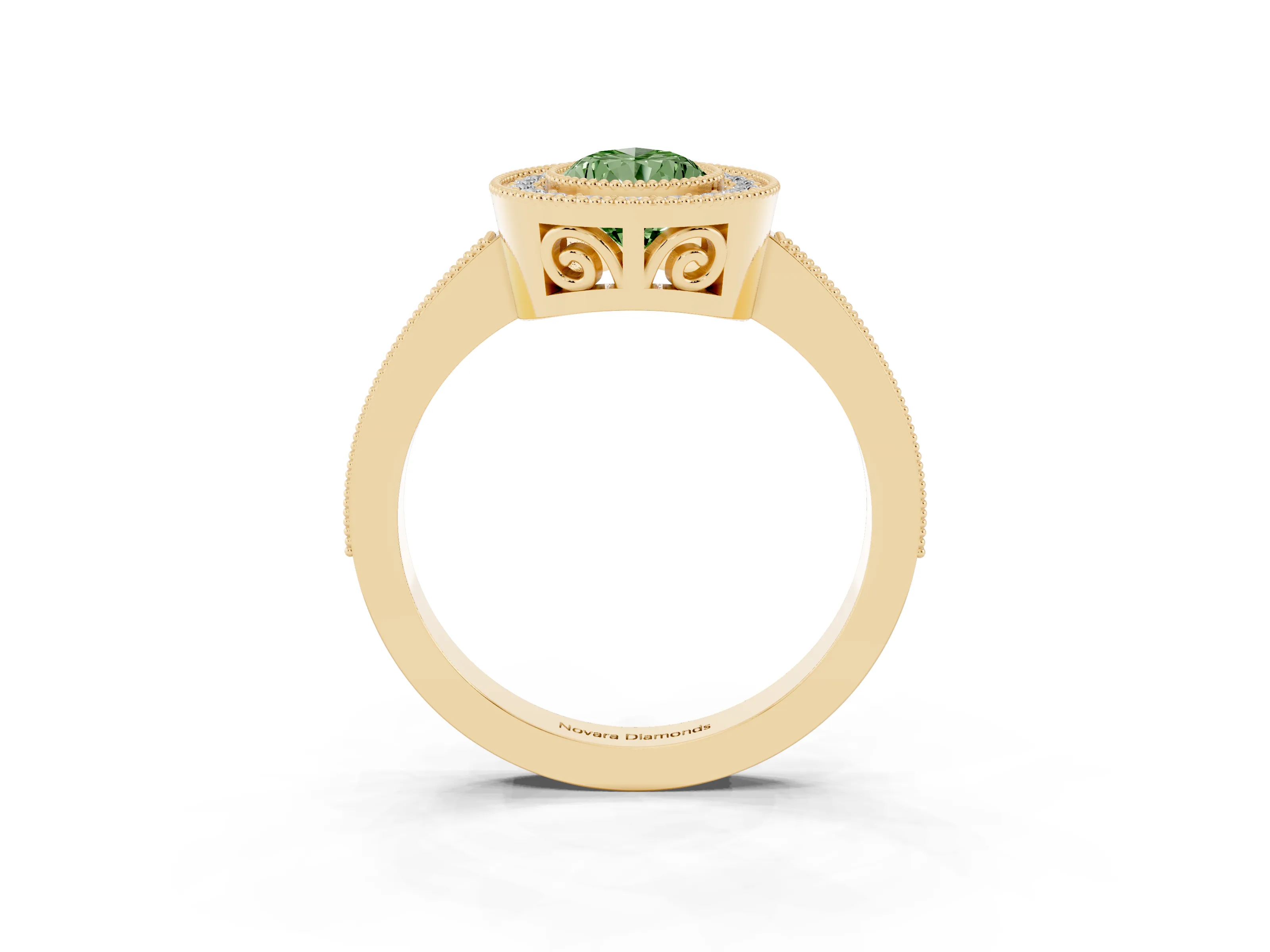 Fancy Green Pear Cut Diamond Round Halo Ring Set in Yellow gold with Pavé Band