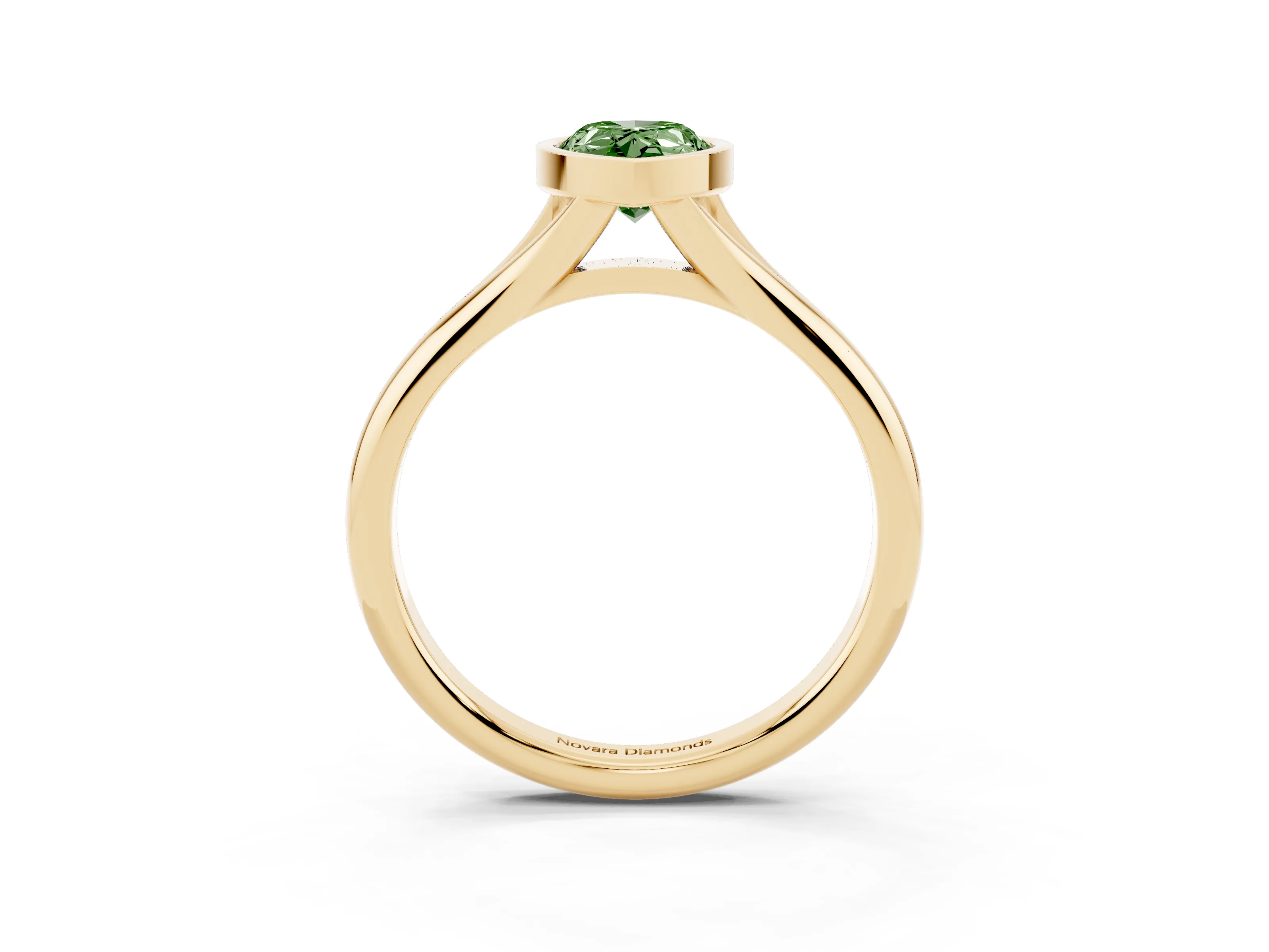 Fancy Green Bezel Set Pear Cut Diamond Solitaire Ring Set in Yellow gold with Smooth Band