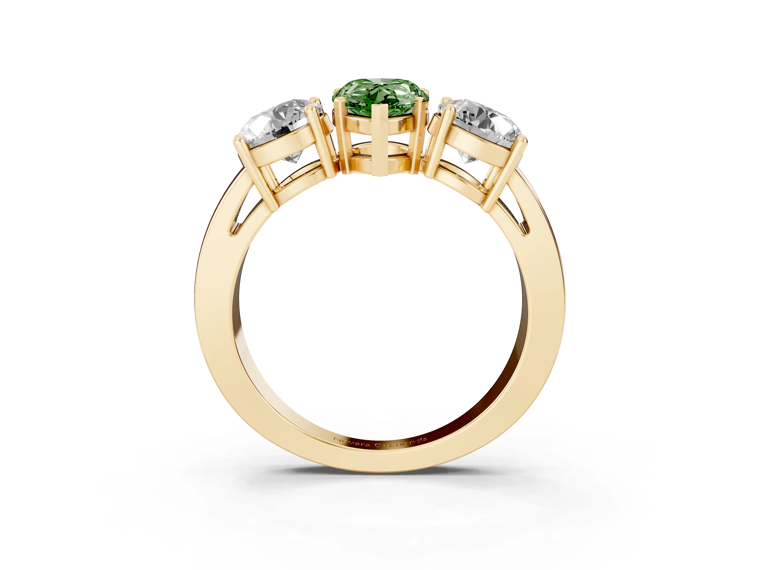Fancy Green Pear Cut Diamond Three-Stone Ring Set in Yellow gold with Round Side Stones and Classic Band