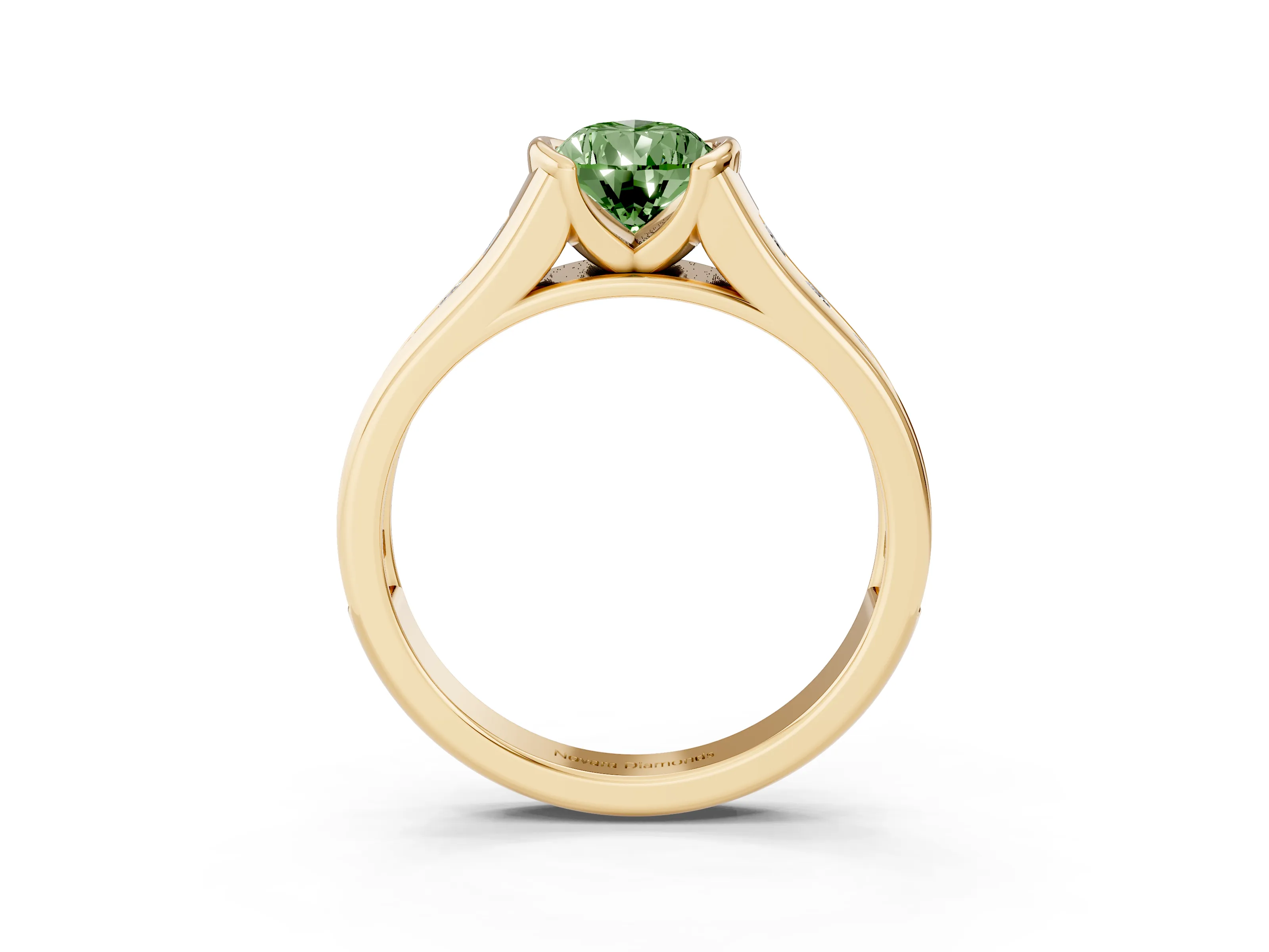 Fancy Green Pear Cut Diamond Bezel-Set Solitaire Ring Set in Yellow gold with Channel-Set Band