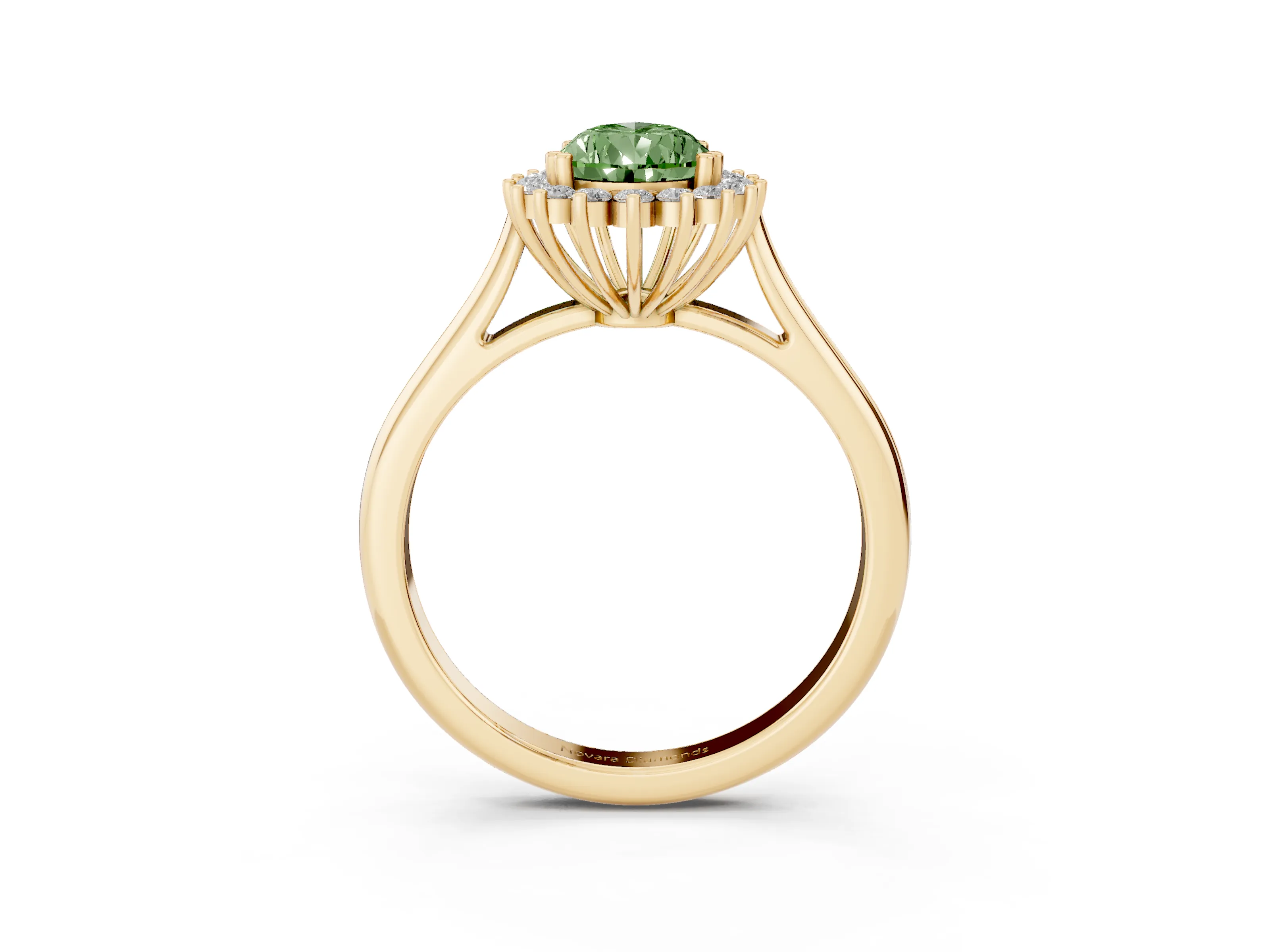 Fancy Green Pear Cut Diamond Halo Ring Set in Yellow gold with Plain Solitaire Band and Prong Setting