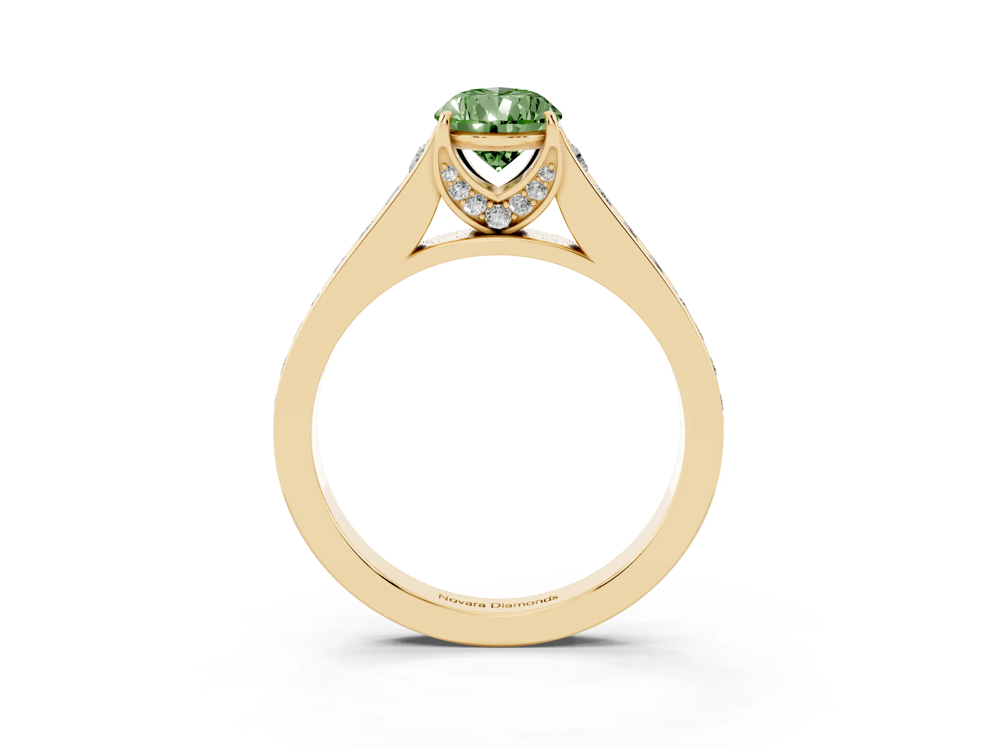 Fancy Green Pear Cut Diamond Solitaire Pavé Engagement Ring Set in Yellow gold with Prong Setting