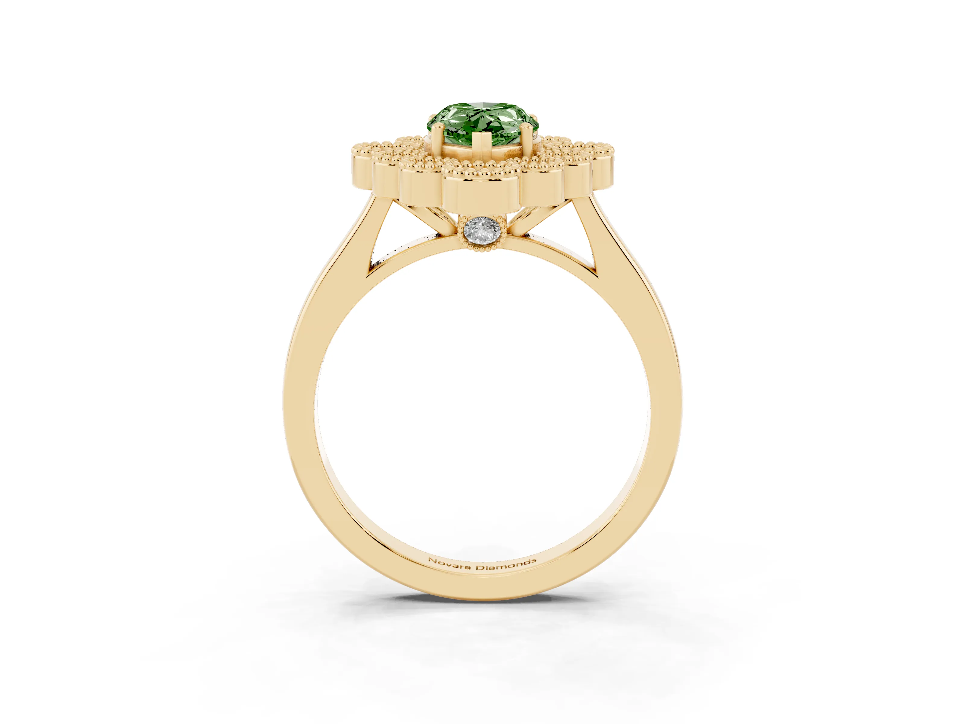 Fancy Green Pear Cut Diamond Cluster Halo Ring Set in Yellow gold with Milgrain Bezel Accents and Plain Band