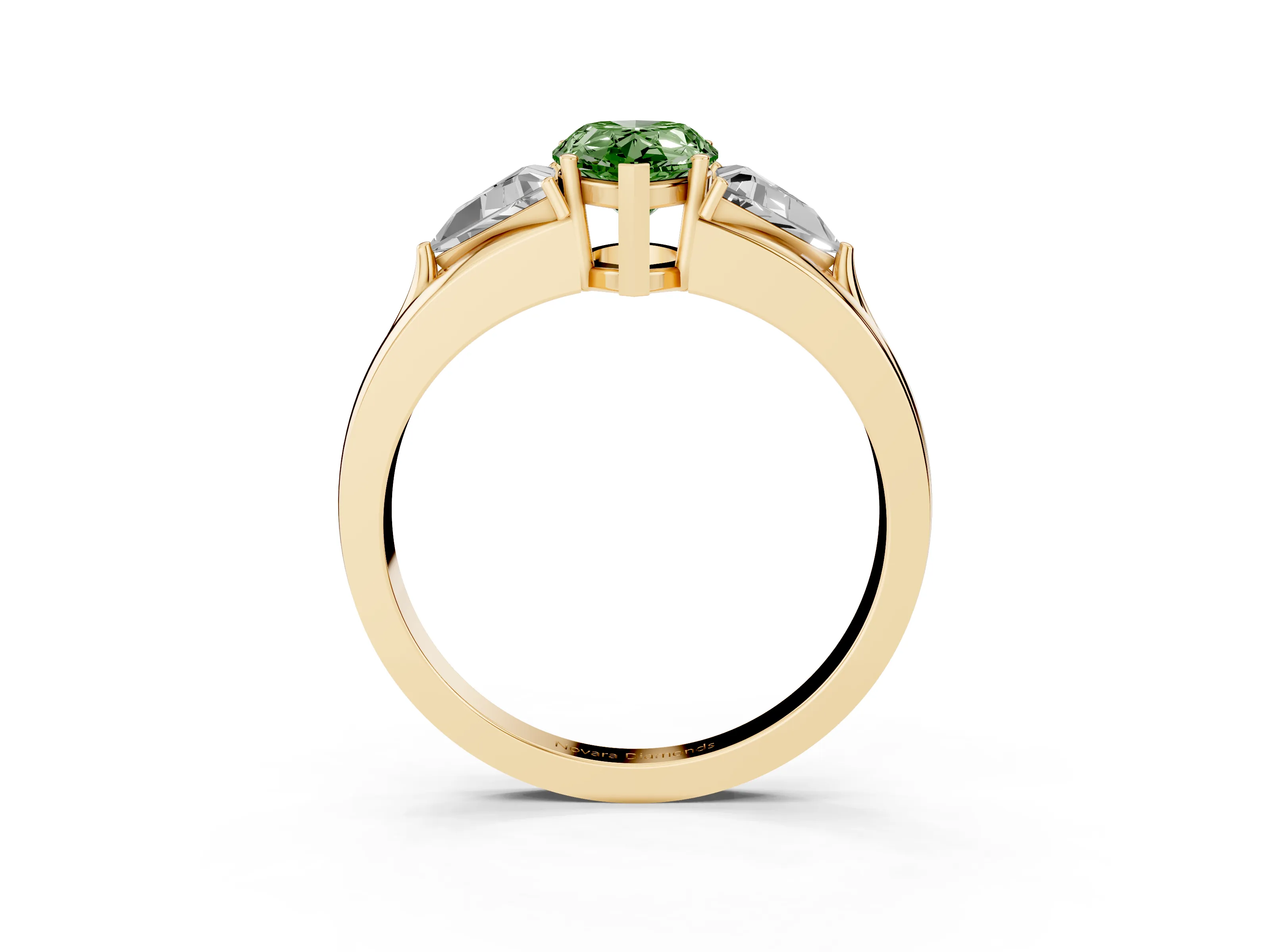 Fancy Green Pear Cut Diamond Three-Stone Ring Set in Yellow gold with Trillion Side Stones and Split Shank