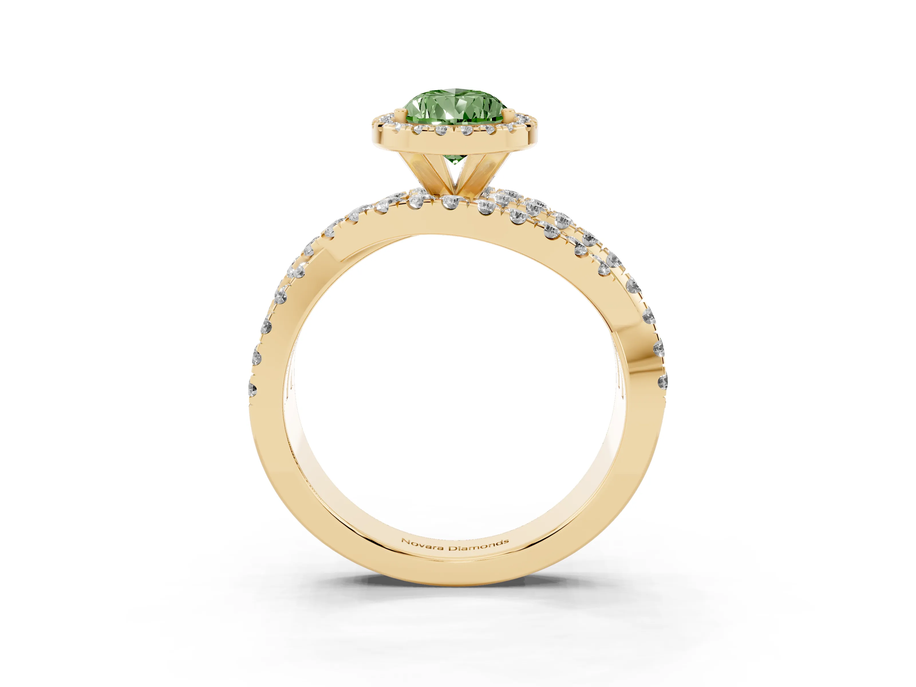 Fancy Green Pear Cut Diamond Halo Ring Set in Yellow gold with Round Crossover Split Shank and Prong Setting