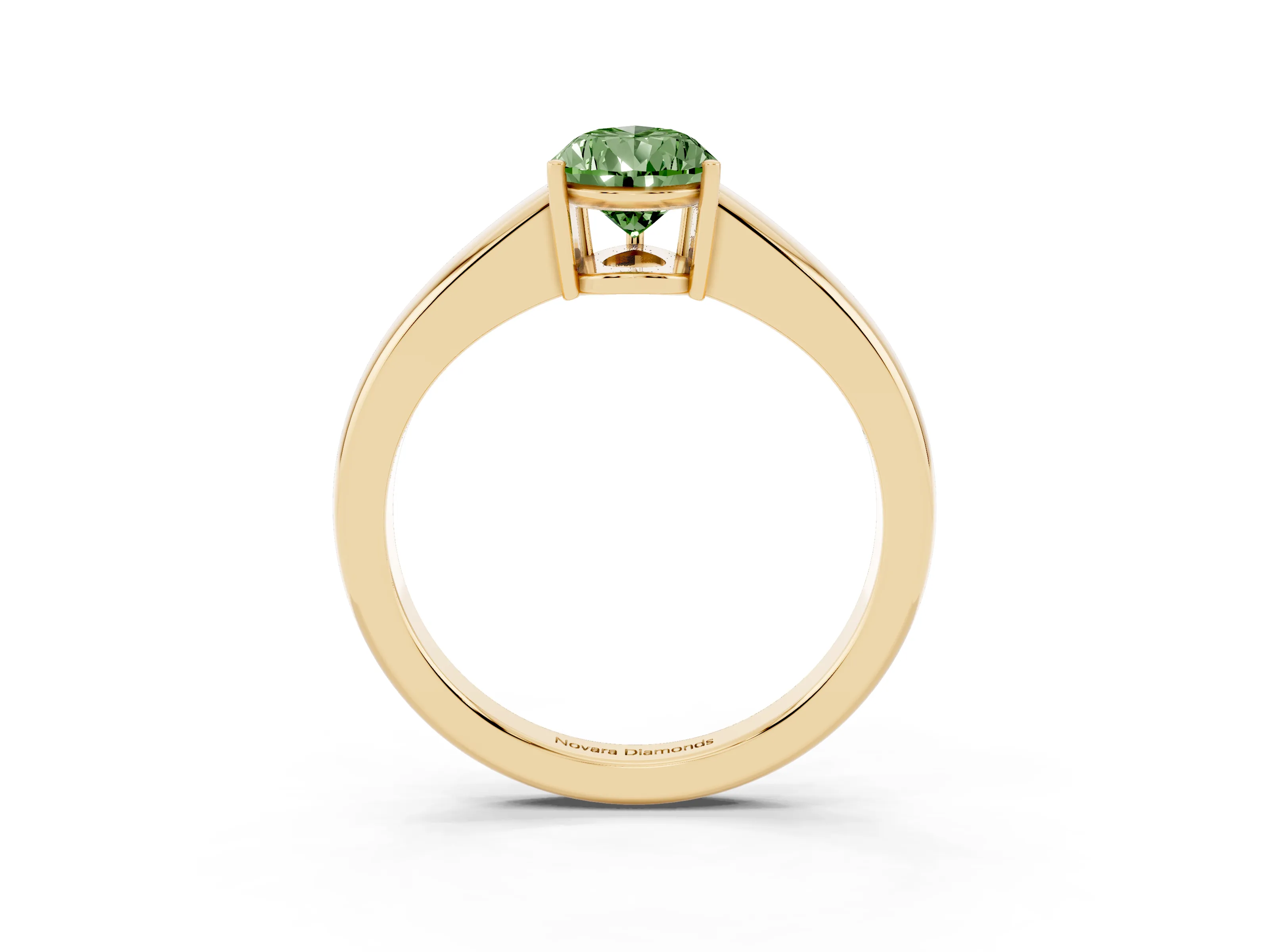 Fancy Green Pear Cut Diamond Solitaire Ring Set in Yellow gold with Tapered Band and Prong Setting