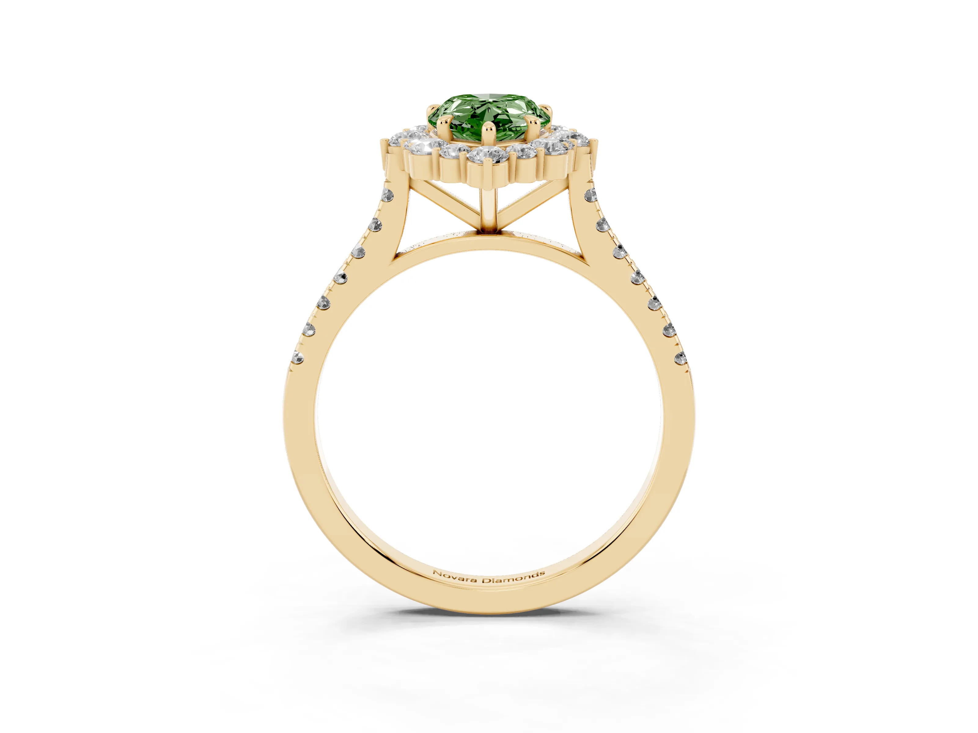 Fancy Green Pear Cut Diamond Halo Ring Set in Yellow gold with Pavé Band and Prong Setting