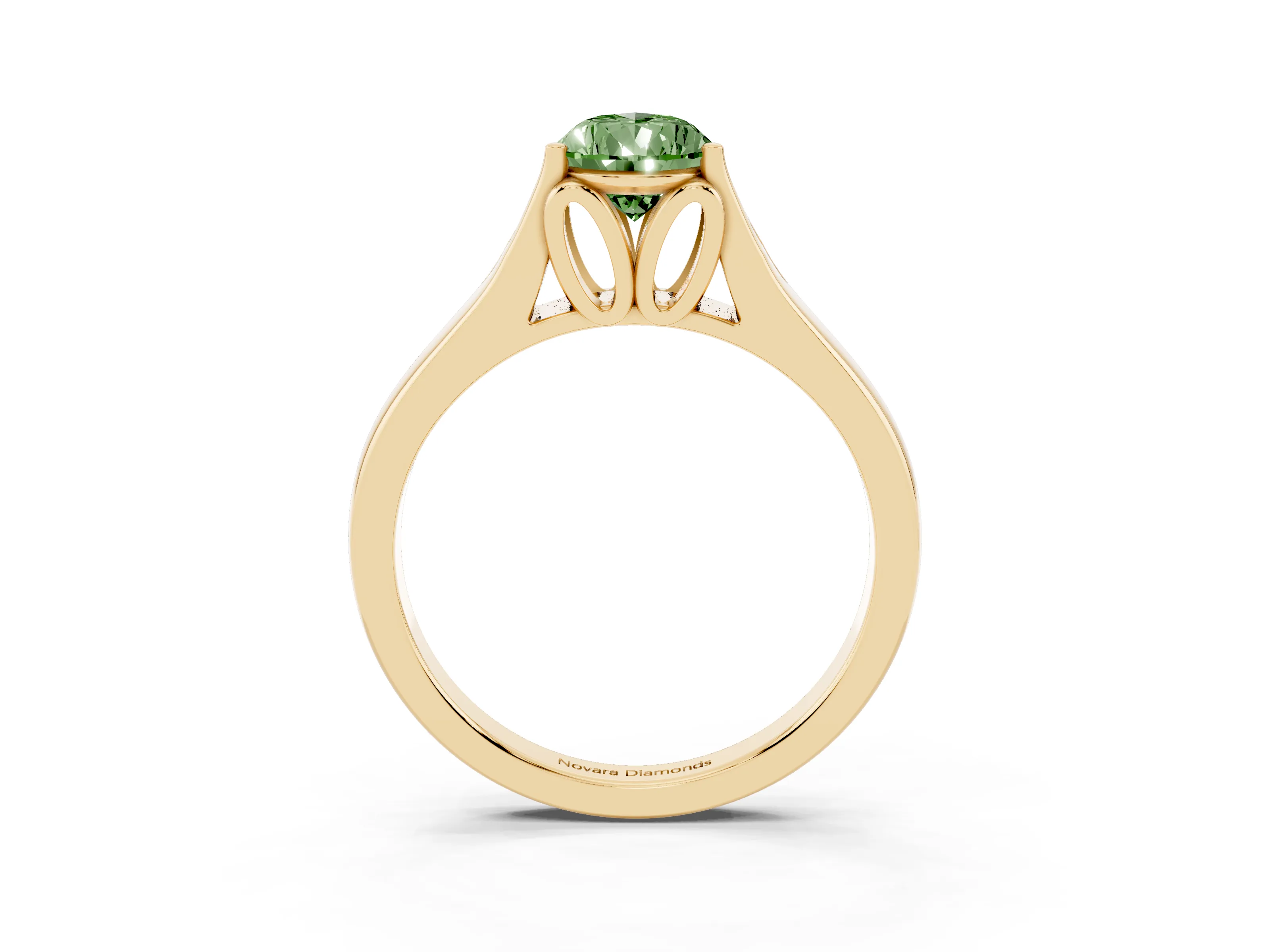 Fancy Green Pear Cut Diamond Solitaire Ring Set in Yellow gold with Arched Cathedral Band and Prong Setting