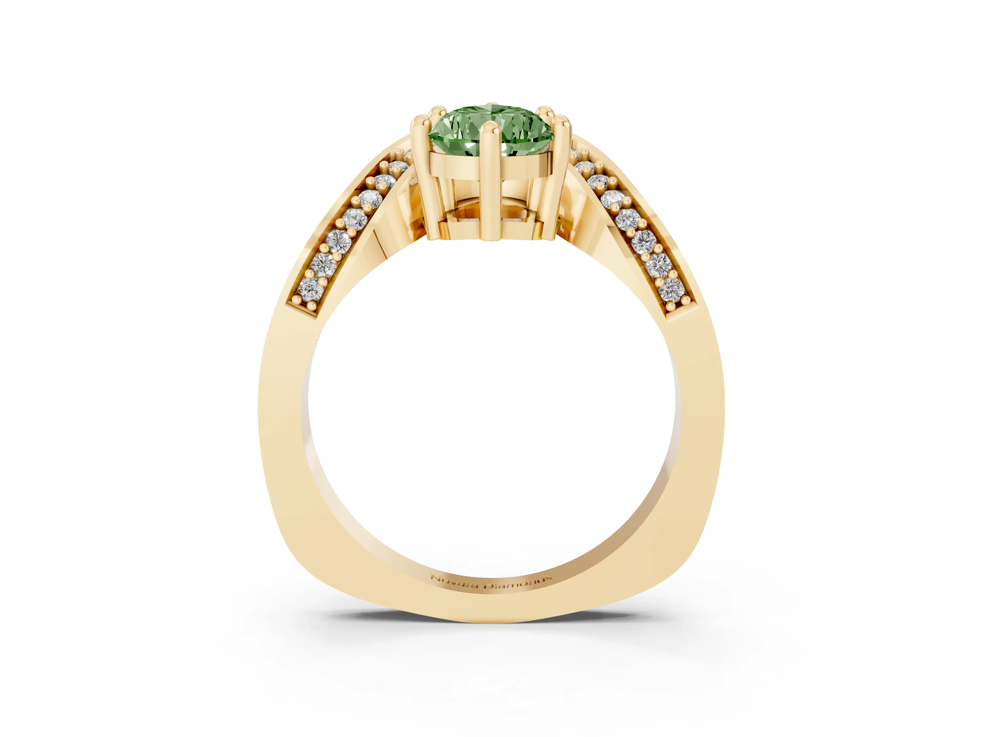 Fancy Green Pear Cut Diamond Solitaire Engagement Ring Set in Yellow gold with Pavé Shoulders