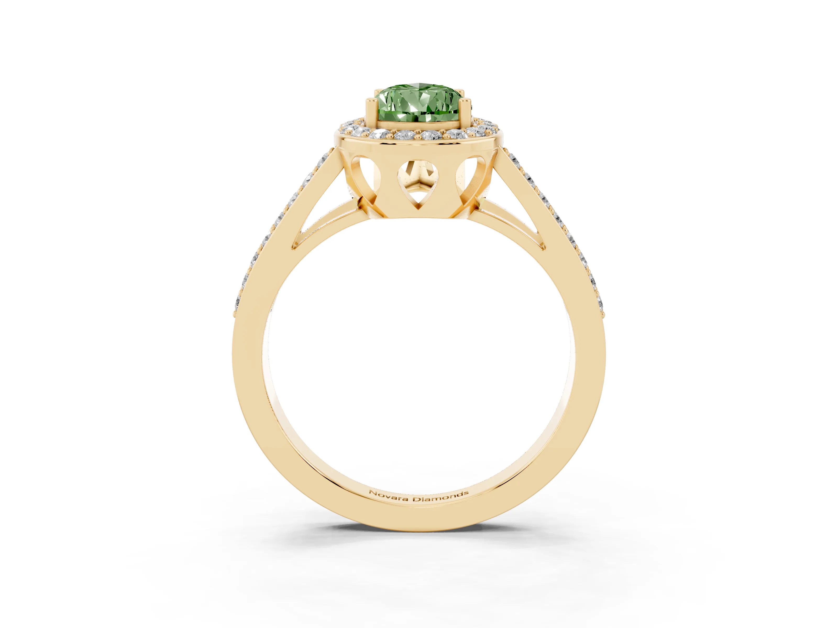 Fancy Green Pear Cut Diamond Halo Ring Set in Yellow gold with U-Prong Split Shank and Prong Setting