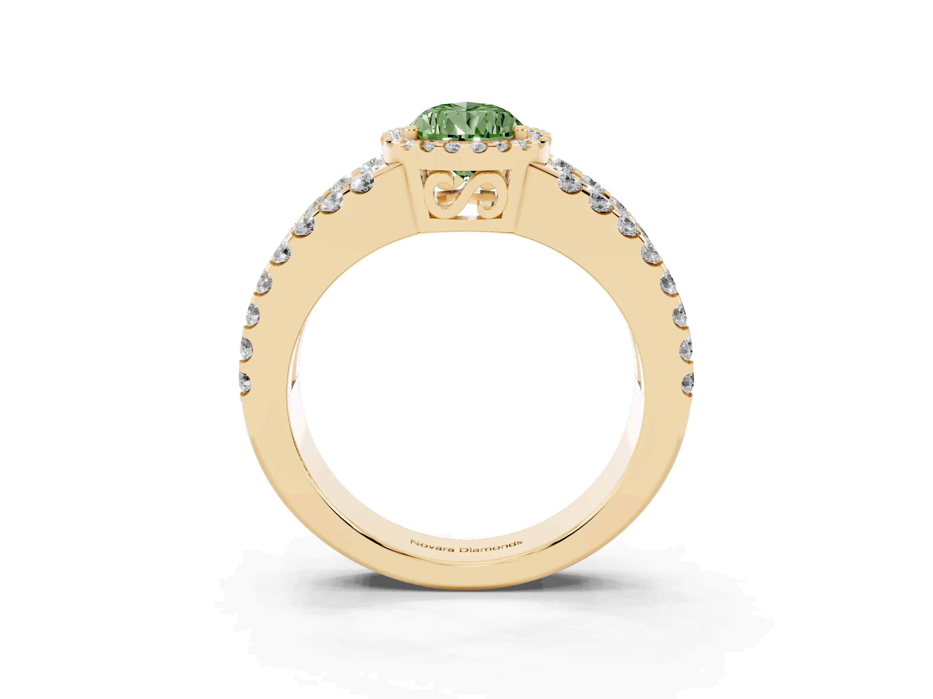 Fancy Green Pear Cut Diamond Halo Ring Set in Yellow gold with Pavé Split Shank and Prong Setting