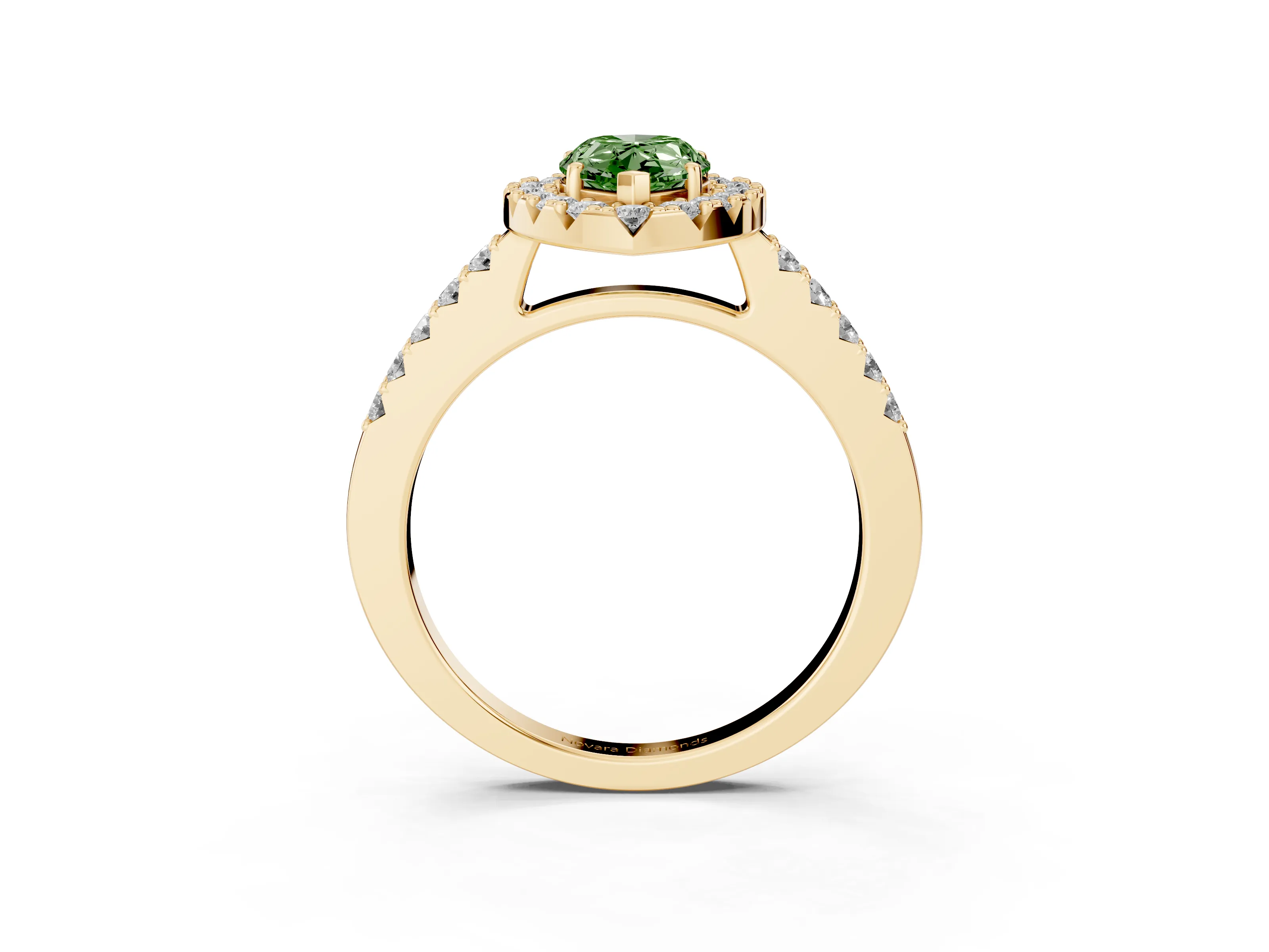 Fancy Green Pear Cut Diamond Halo Pavé Solitaire Ring Set in Yellow gold with Prong-Set Center Stone