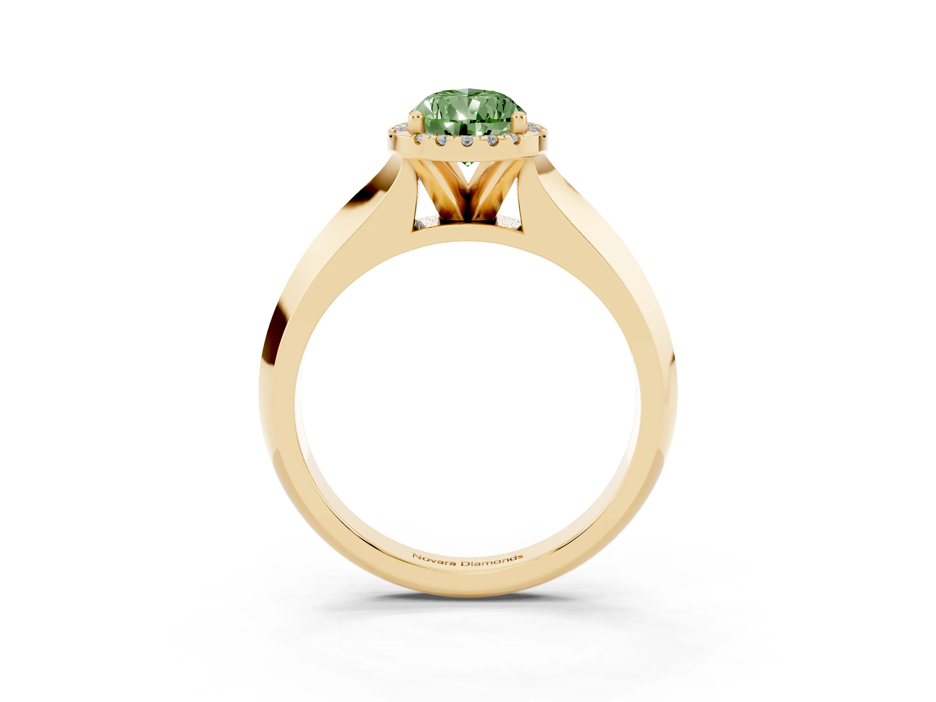 Fancy Green Pear Cut Diamond Halo Ring Set in Yellow gold with Cathedral Band and Prong Setting