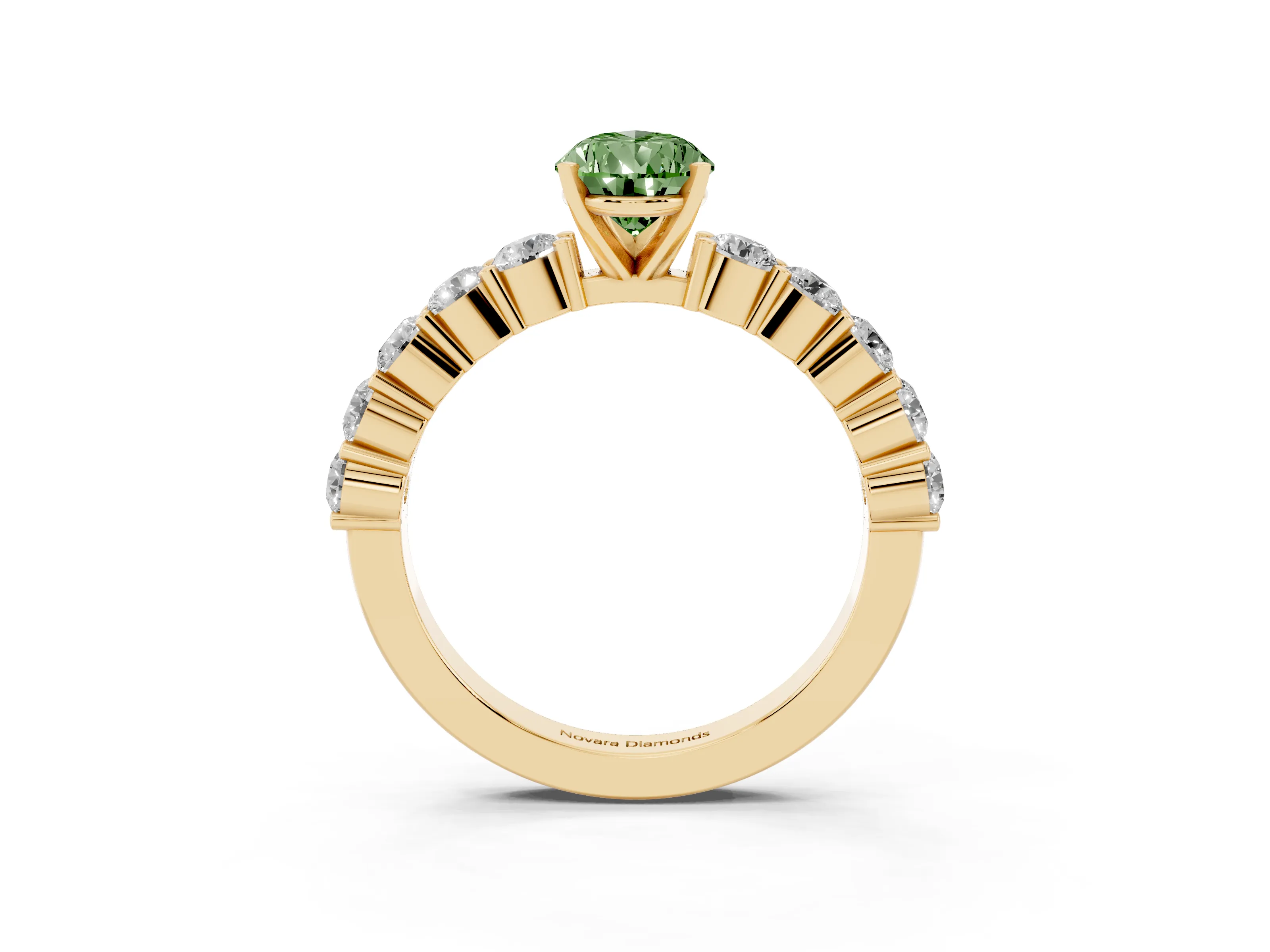 Fancy Green Pear Cut Diamond Solitaire Ring Set in Yellow gold with Shared Prong Round Side Stones