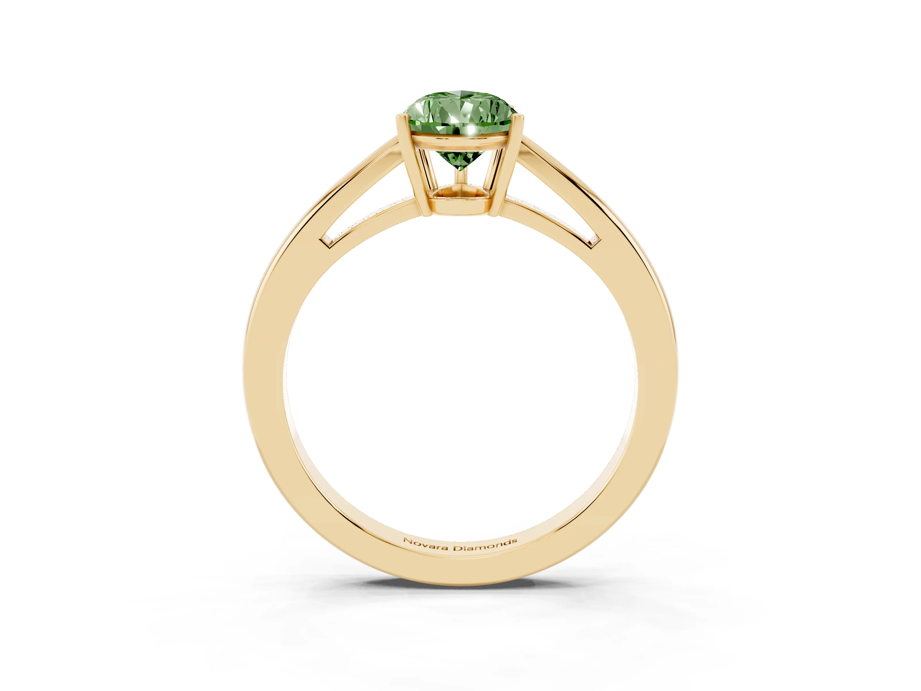 Fancy Green Pear Cut Diamond Solitaire Ring Set in Yellow gold with Split Shank and Prong Setting