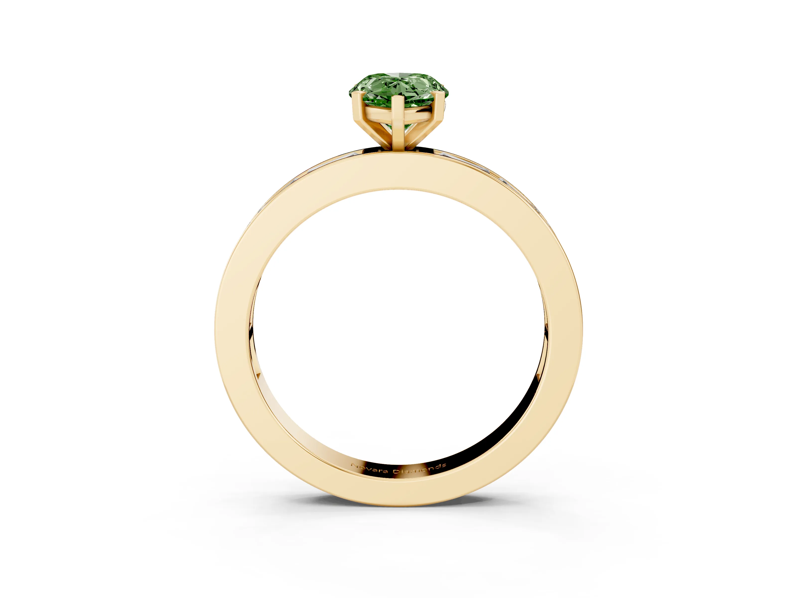 Fancy Green Pear Cut Diamond Solitaire Ring Set in Yellow gold with Channel-Set Baguette Band and Prong Setting