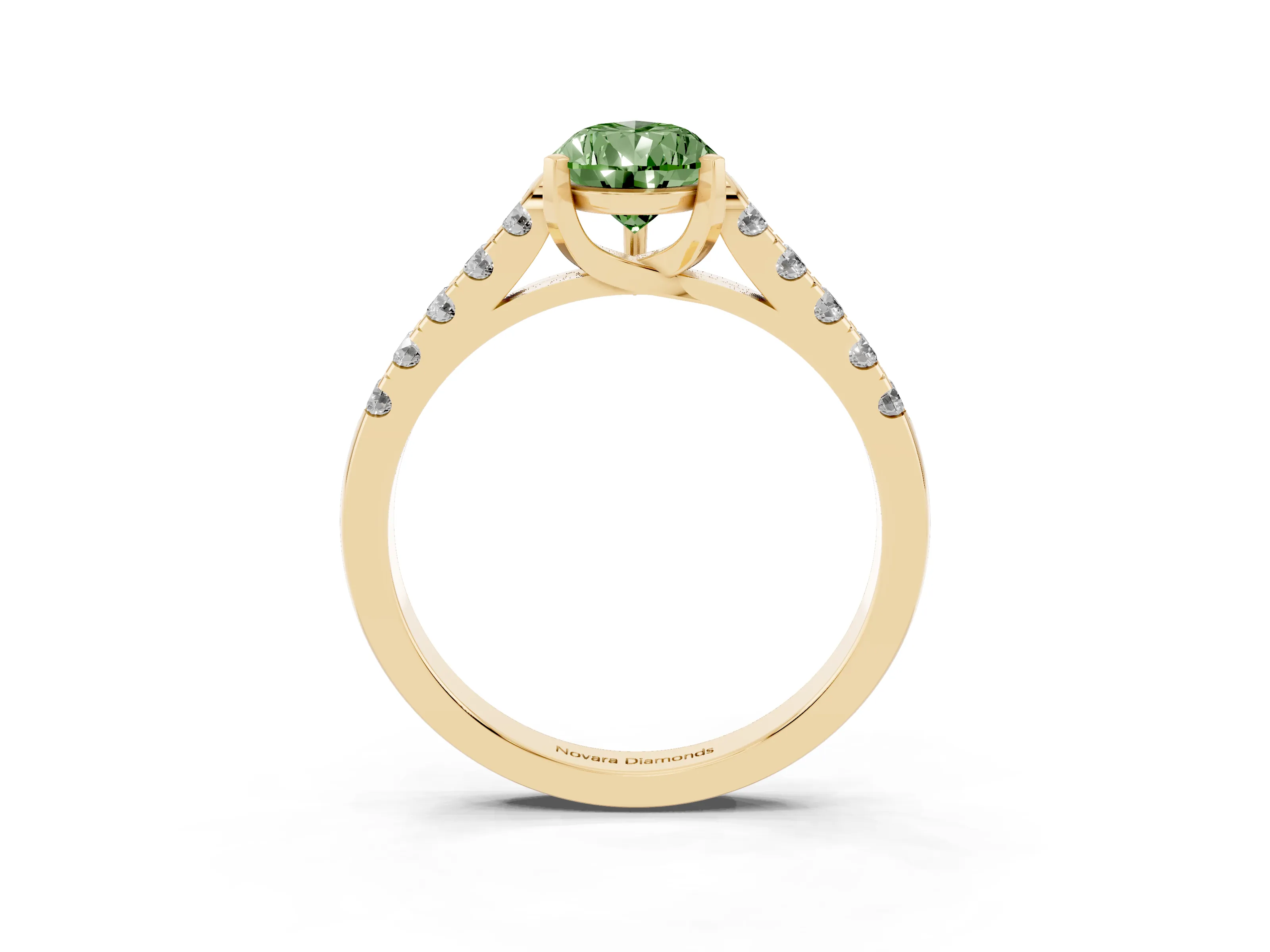 Fancy Green Pear Cut Diamond Pavé Band Solitaire Ring Set in Yellow gold with Partway Accent Stones and Prong Setting