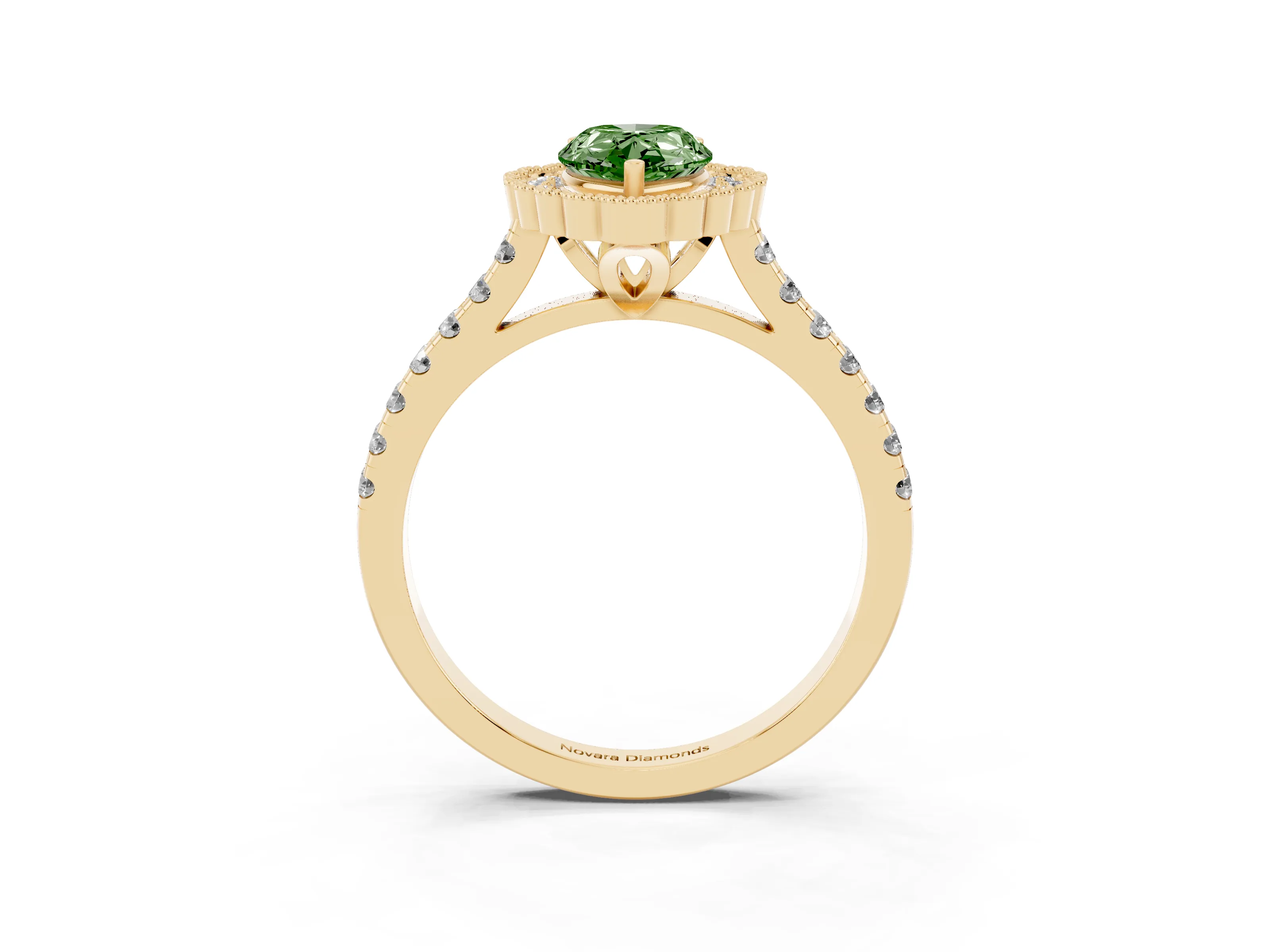 Fancy Green Pear Cut Diamond Milgrain Floral Halo Engagement Ring Set in Yellow gold with Pavé Band