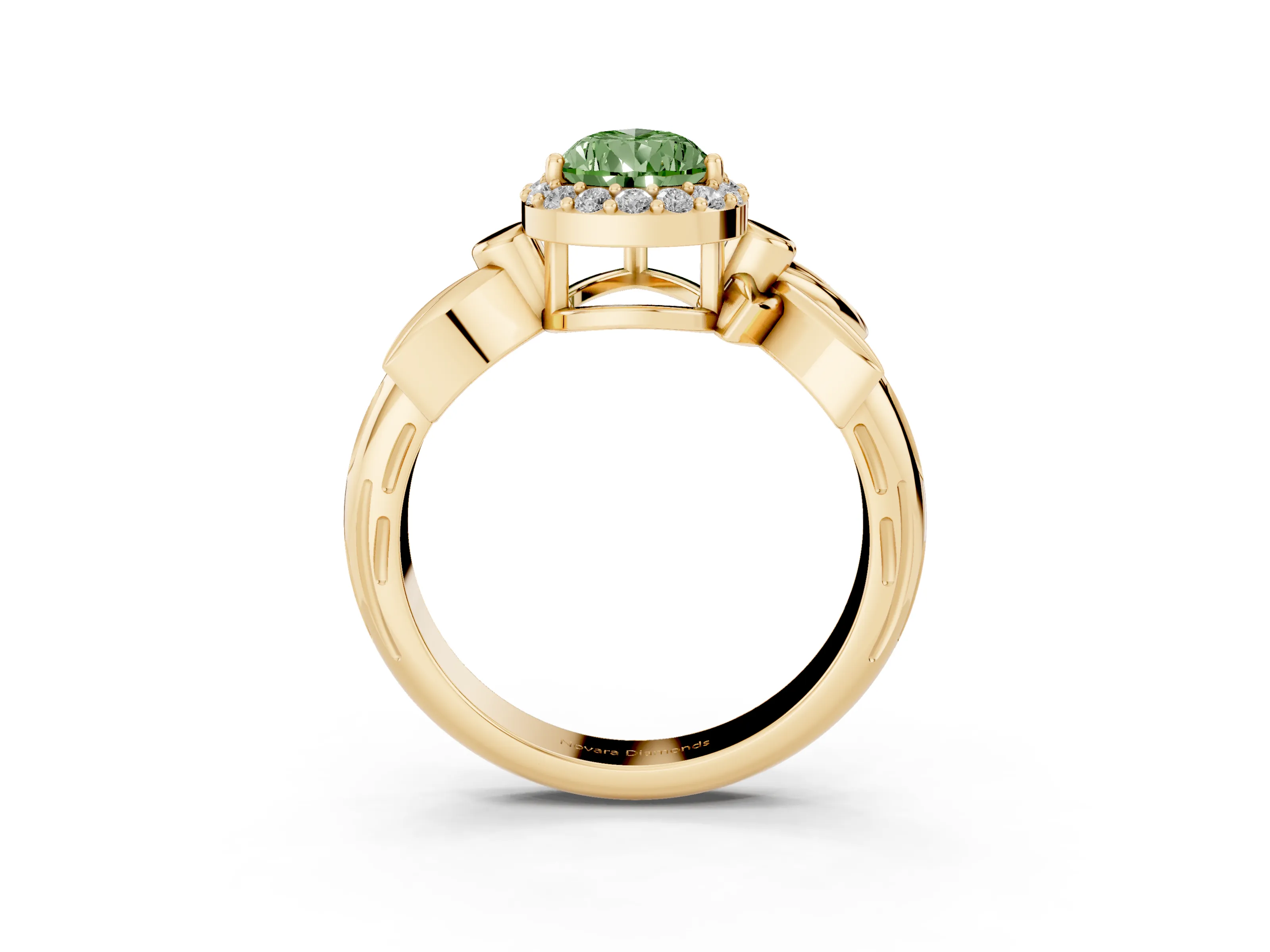 Fancy Green Pear Cut Diamond Halo Floral Band Ring Set in Yellow gold with Prong Setting