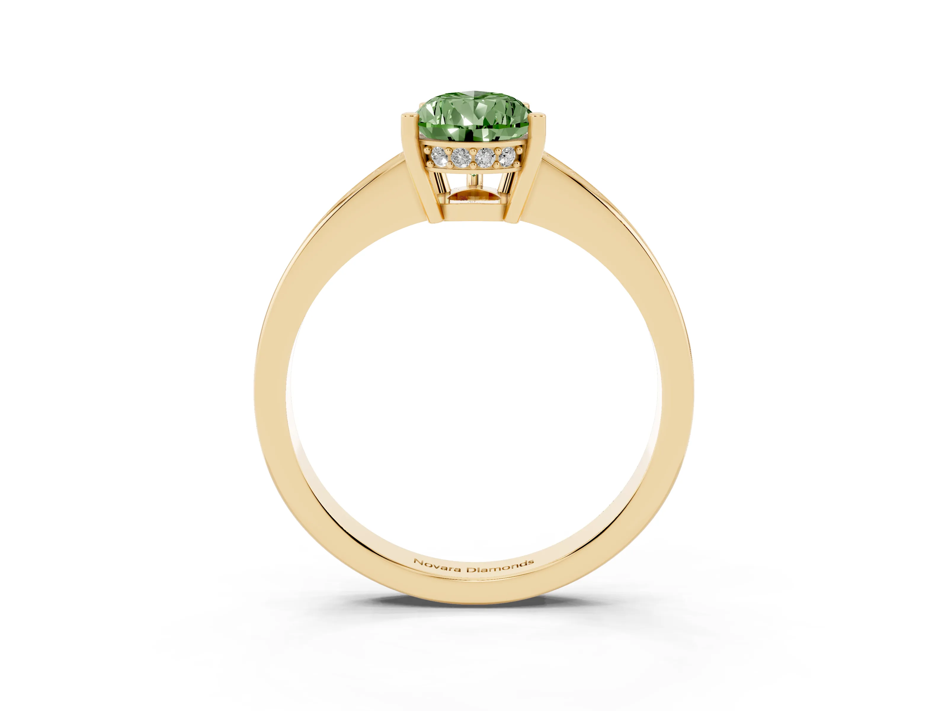 Fancy Green Pear Cut Diamond Pavé Band Prong Set Solitaire Ring Set in Yellow gold