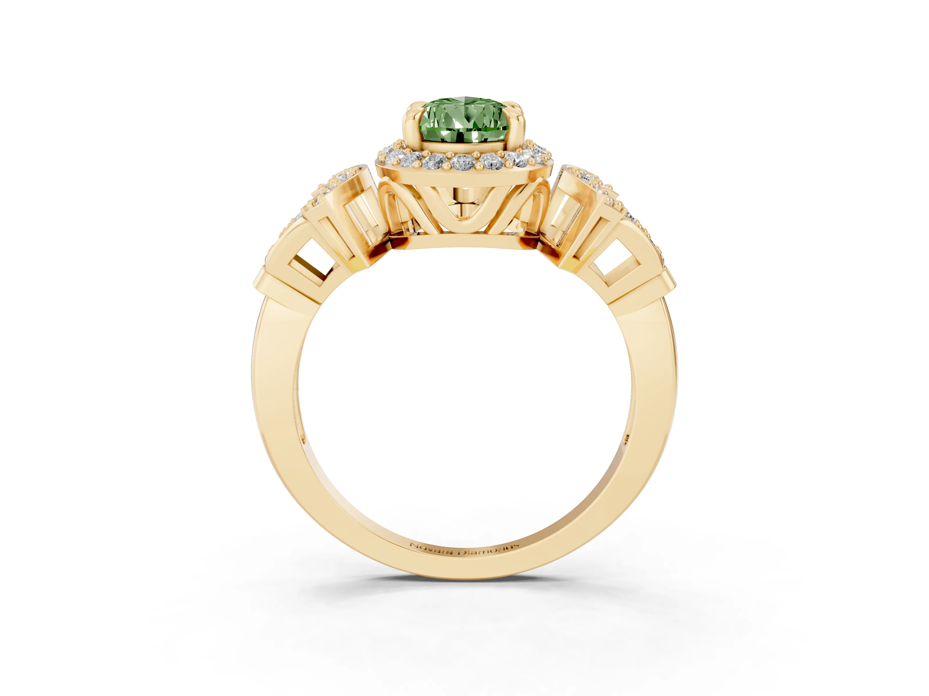 Fancy Green Pear Cut Diamond Halo Engagement Ring Set in Yellow gold with Accent Stone Split Shank