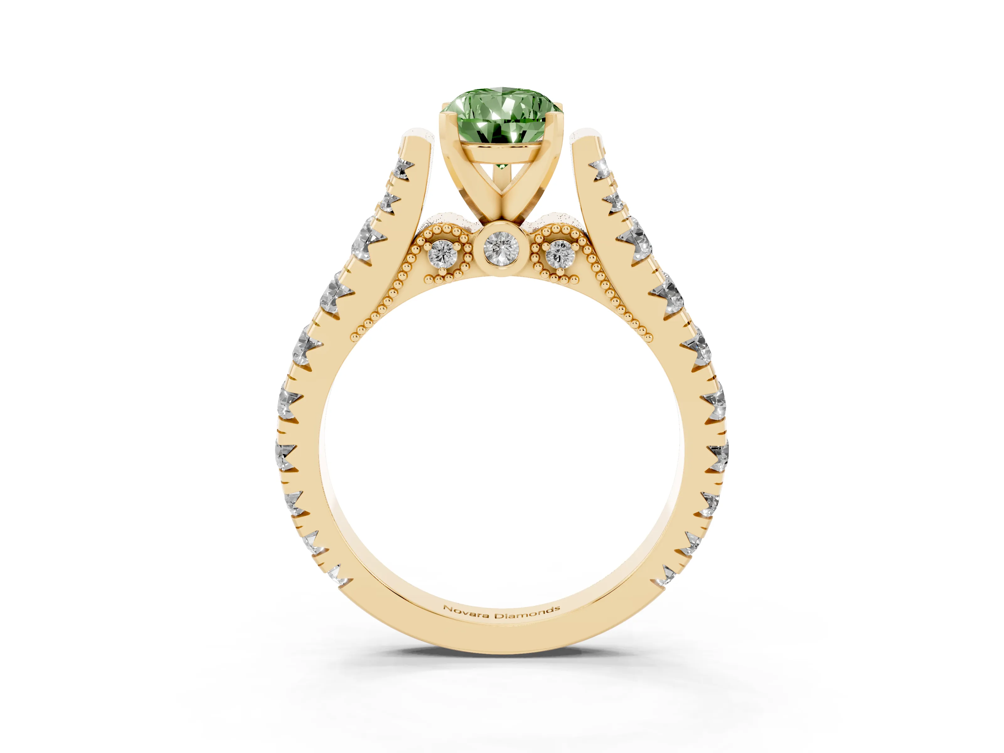 Fancy Green Pear Cut Diamond Classic Solitaire Ring Set in Yellow gold with Pavé Band and Prong Setting