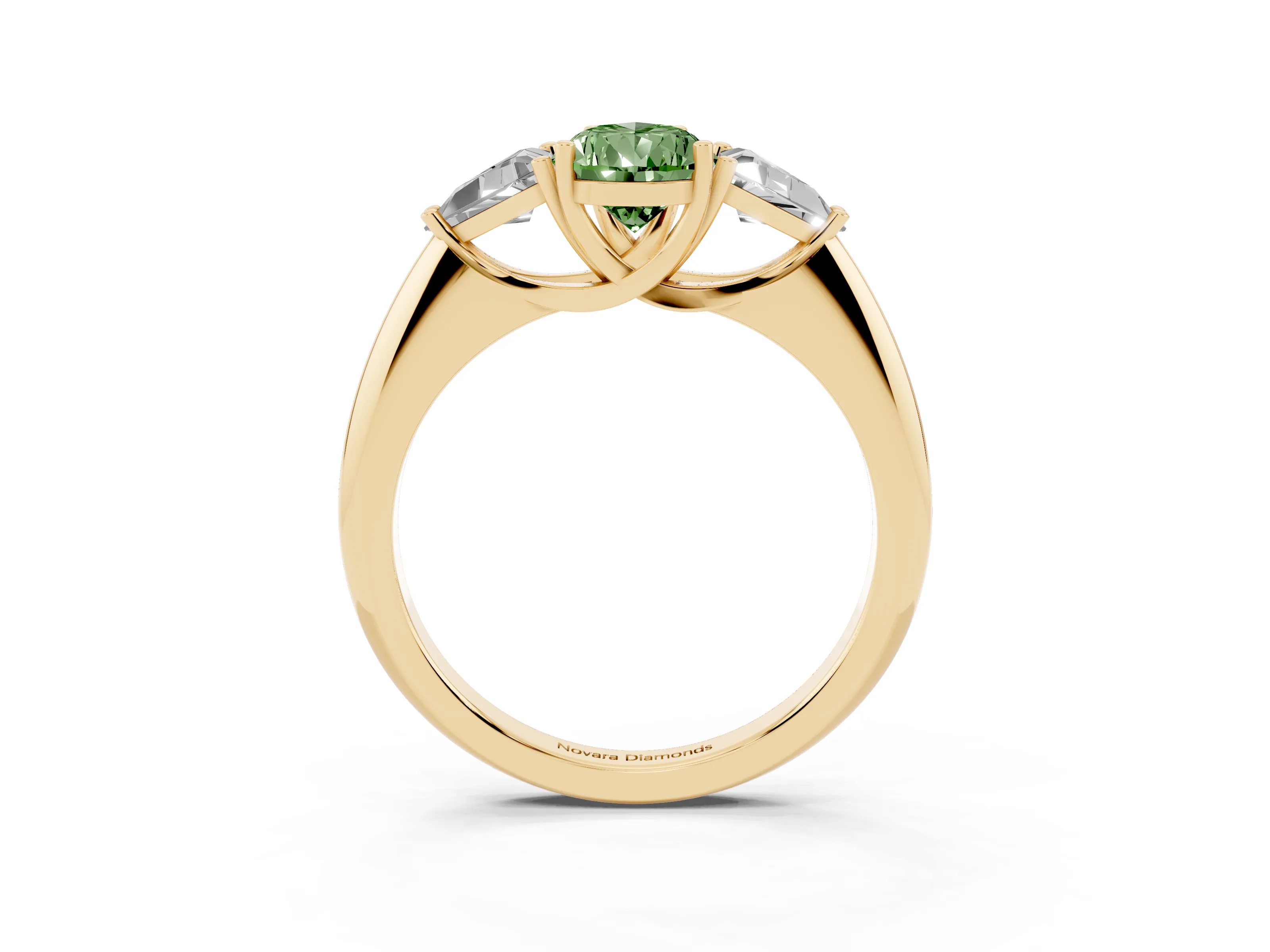 Fancy Green Pear Cut Diamond Three-Stone Engagement Ring Set in Yellow gold with Trillion Side Stones