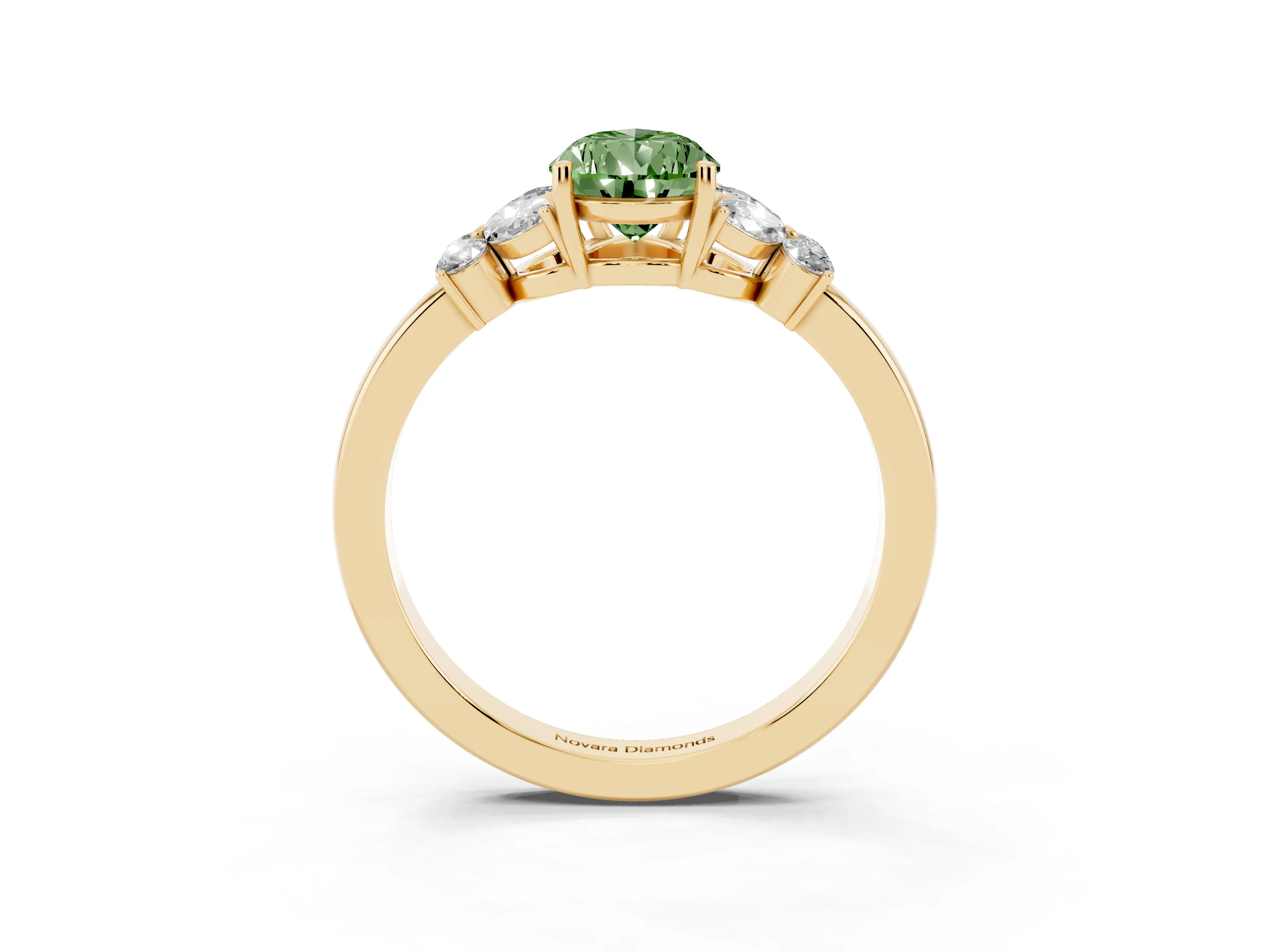 Fancy Green Pear Cut Diamond Solitaire Floral Ring Set in Yellow gold with Marquise Petals and Prong Setting