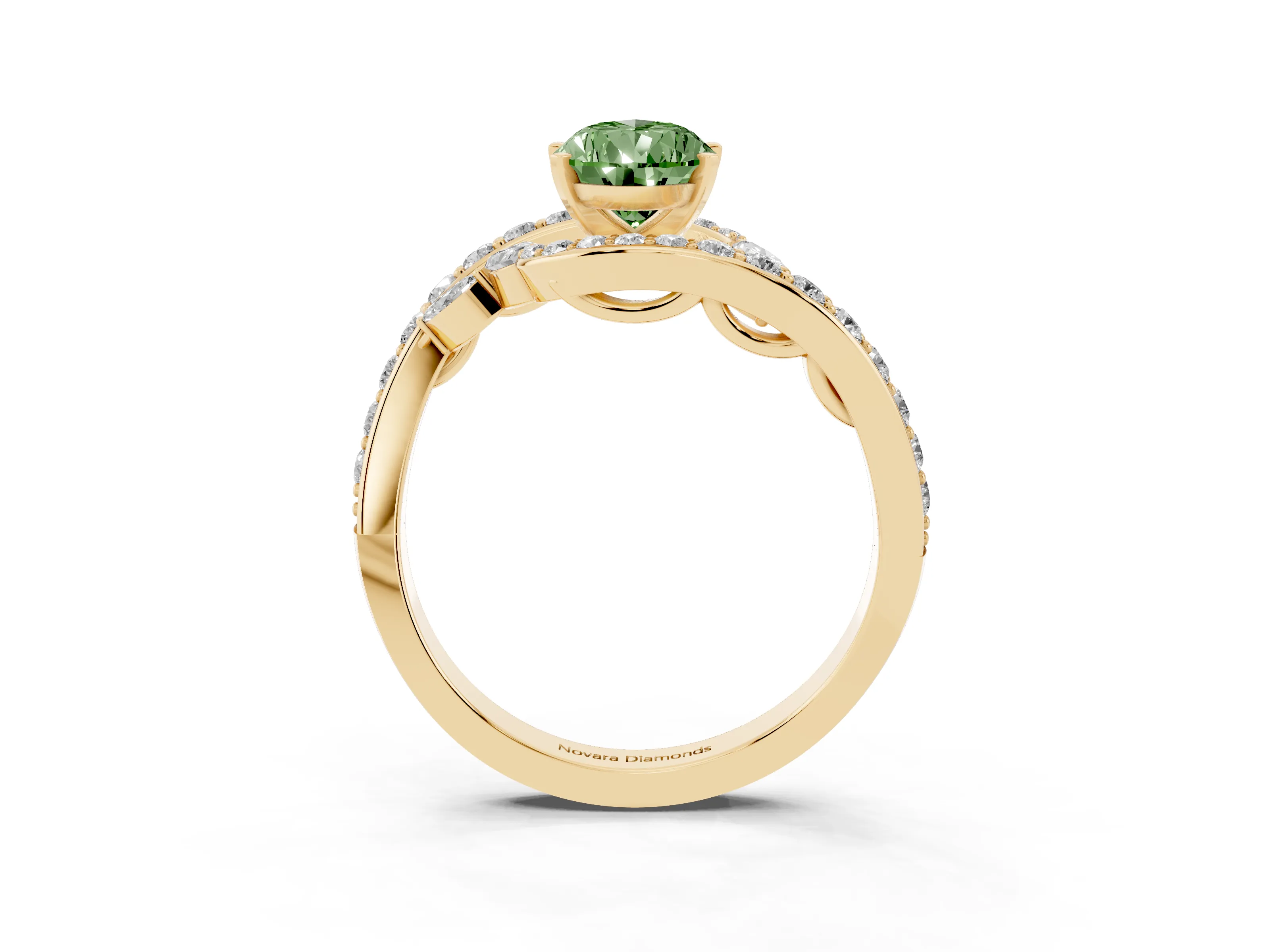 Fancy Green Pear Cut Diamond Solitaire Ring Set in Yellow gold with Pavé Twist Band and Secure Prong Setting