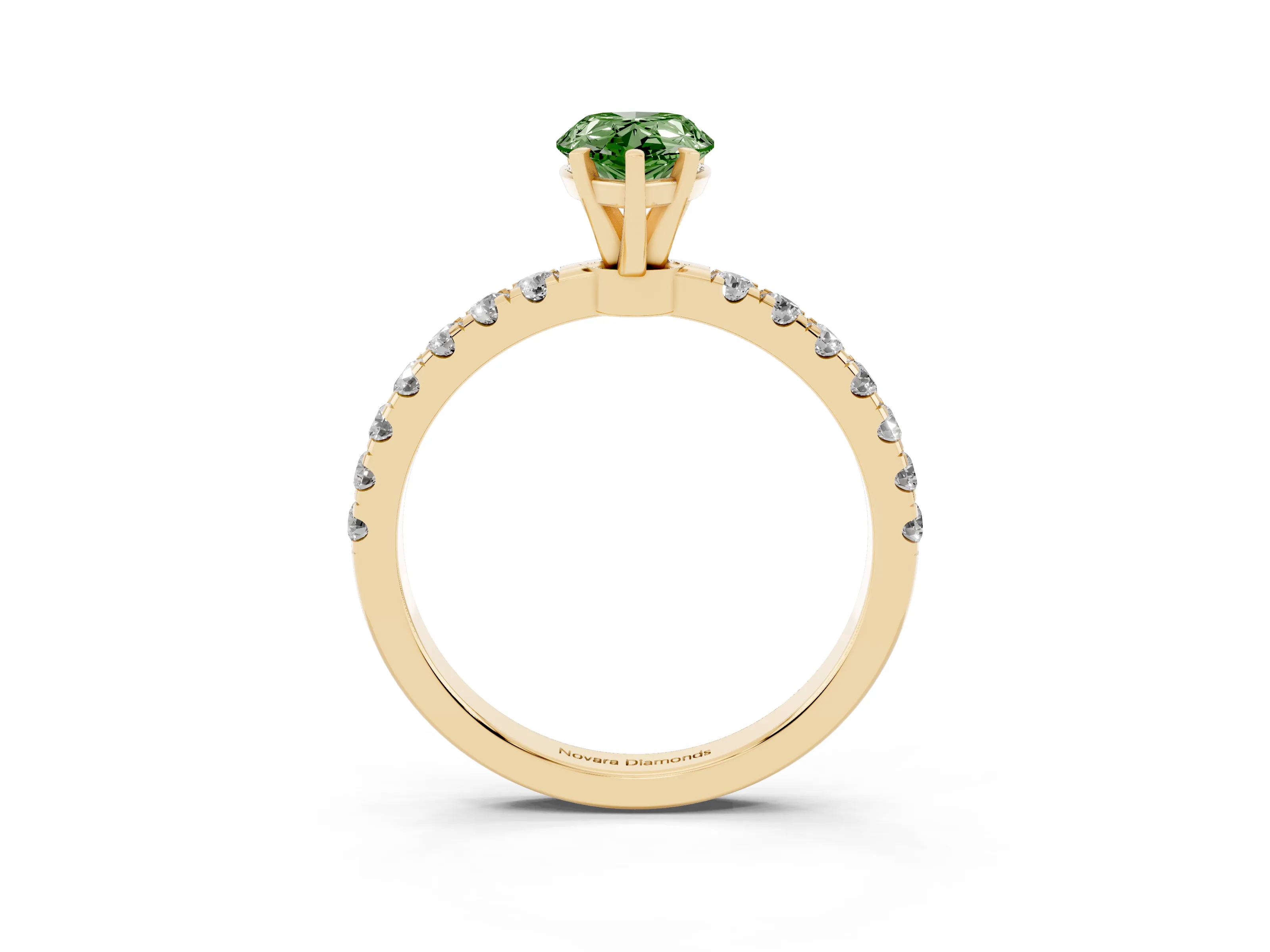 Fancy Green Pear Cut Diamond Solitaire Ring Set in Yellow gold with Pavé Accents and Prong Setting