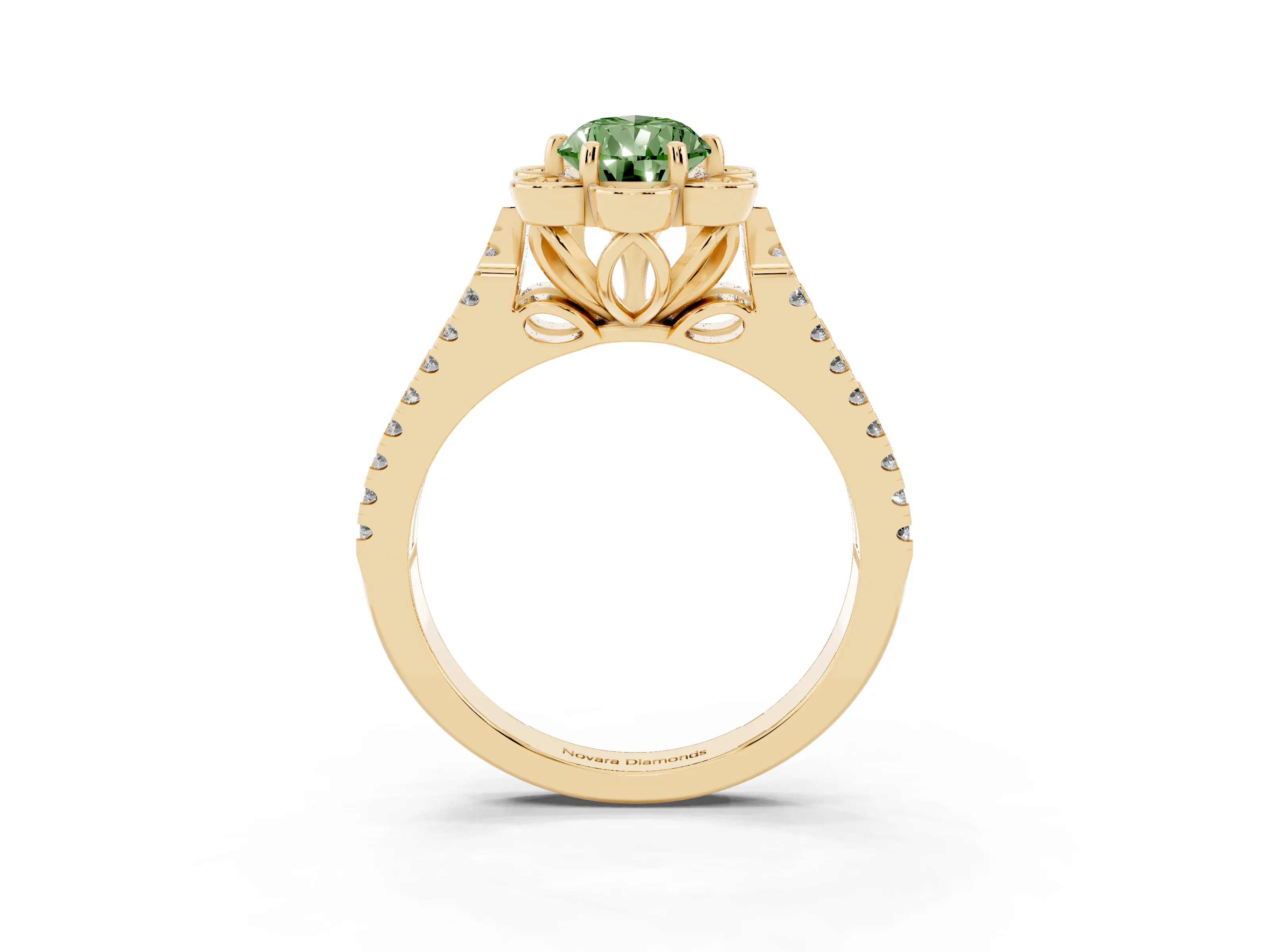 Fancy Green Pear Cut Diamond Floral Halo Split Shank Engagement Ring Set in Yellow gold with Pavé Shank