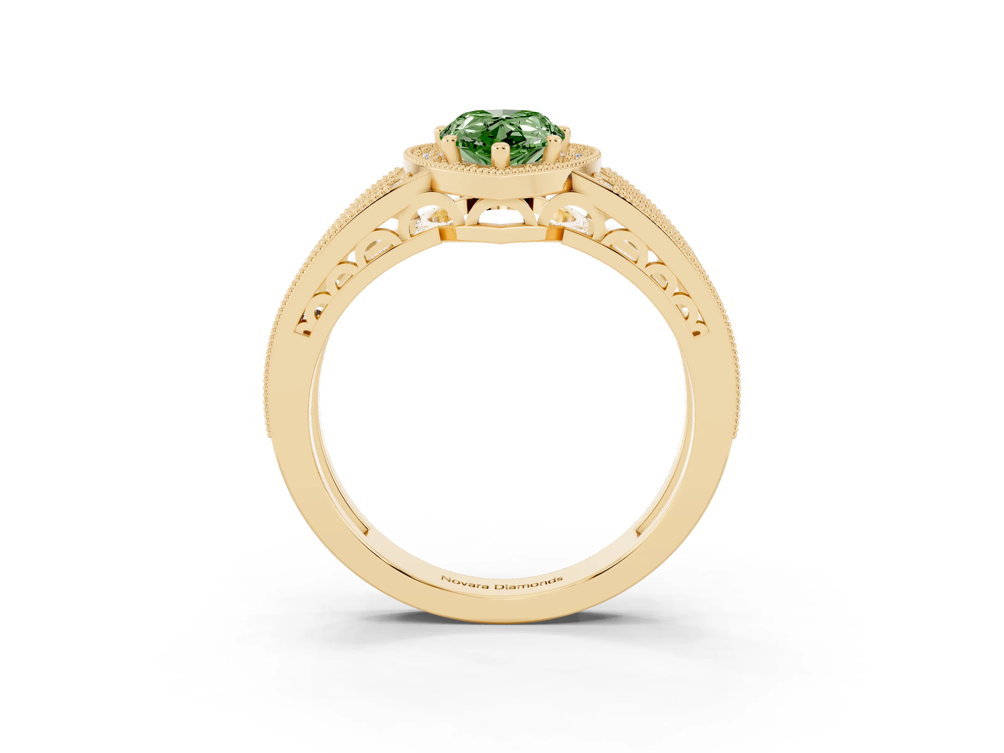 Fancy Green Pear Cut Diamond Halo Ring Set in Yellow gold with Accent Split Shank and Prong Setting