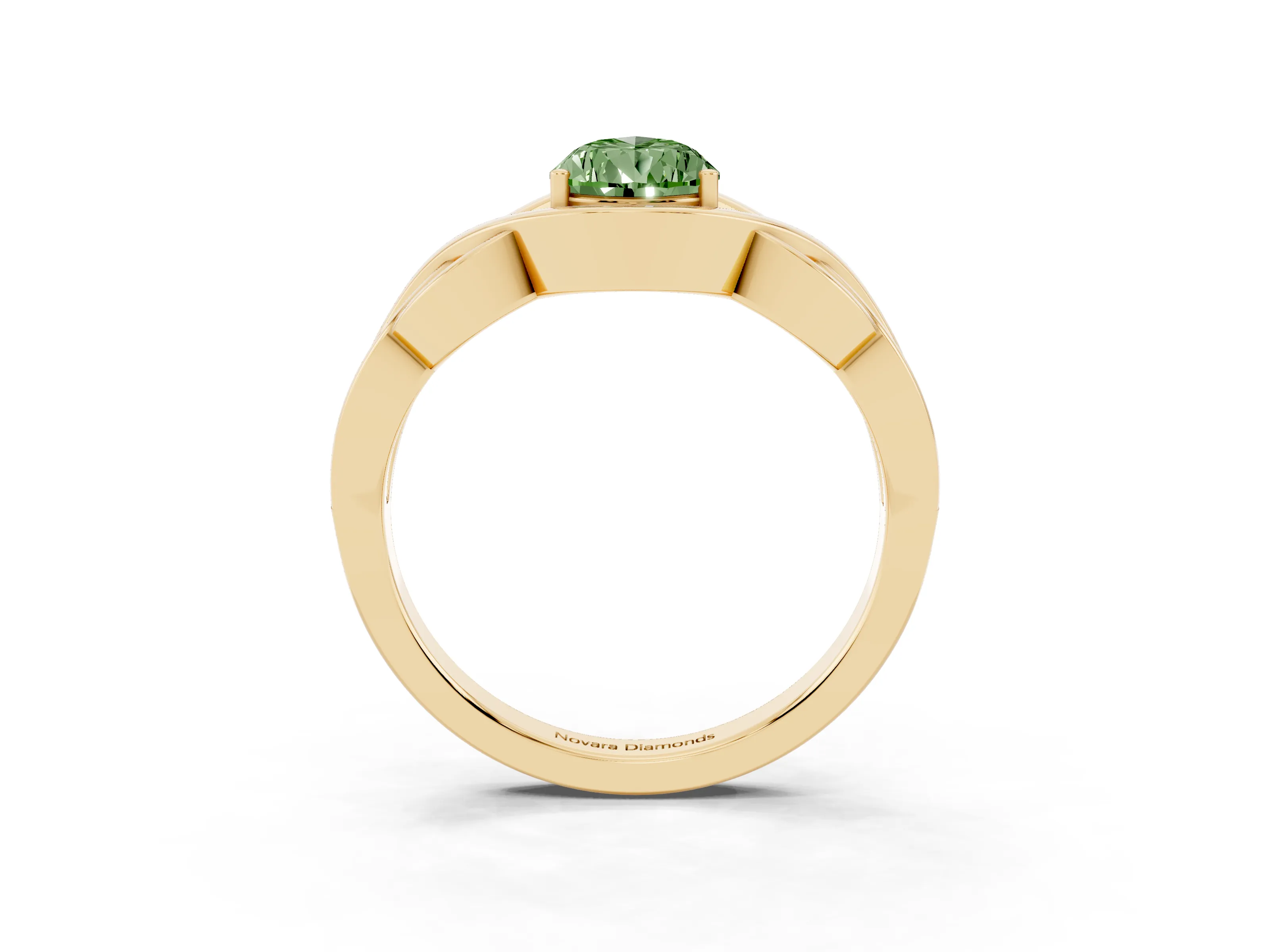 Fancy Green Pear Cut Diamond Solitaire Ring Set in Yellow gold with Intertwined Band