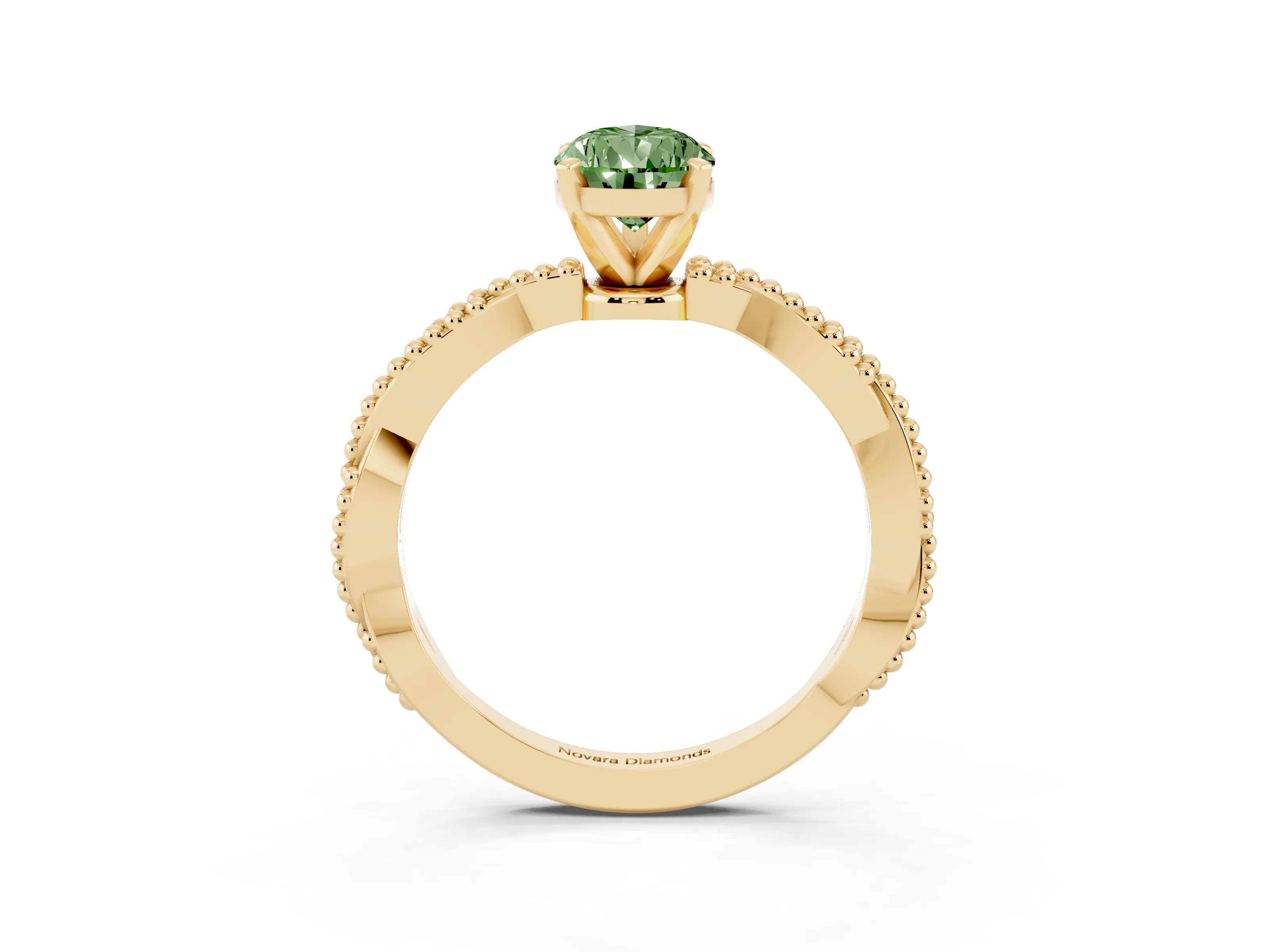 Fancy Green Pear Cut Diamond Solitaire Ring Set in Yellow gold with Twisted Band and Bead Prong Setting