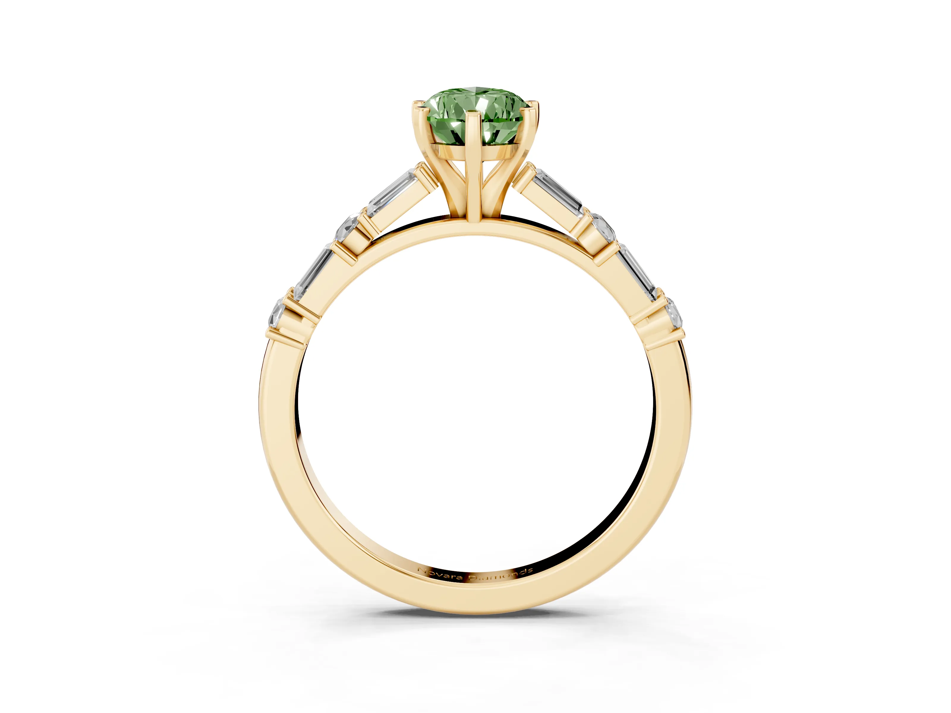 Fancy Green Pear Cut Diamond Solitaire Set in Yellow gold with Side Baguettes and Channel Set Band