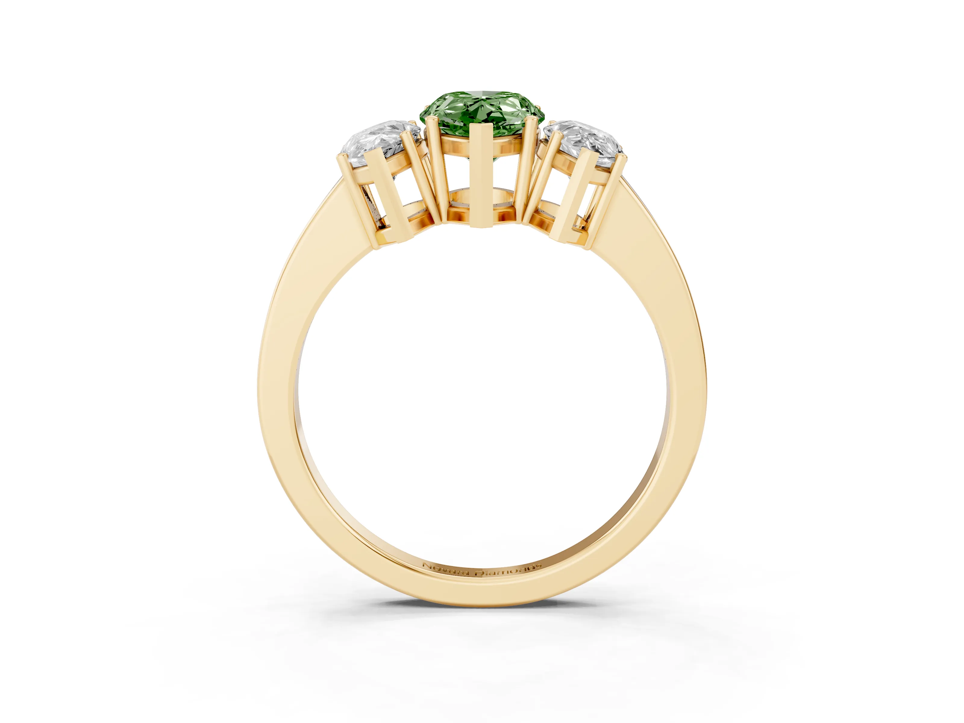 Fancy Green Pear Cut Diamond Three-Stone Engagement Ring Set in Yellow gold with Flat Band
