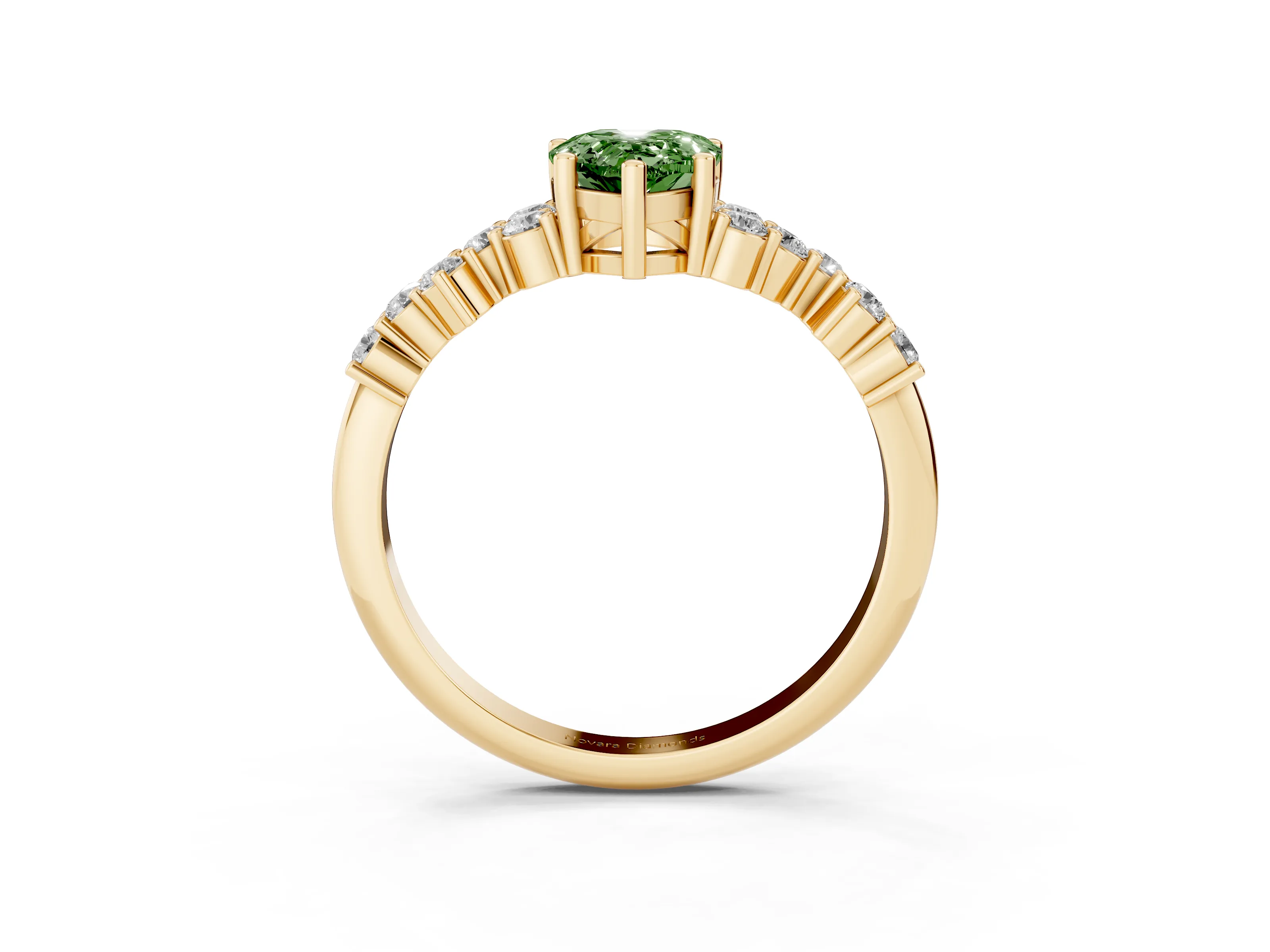 Fancy Green Pear Cut Diamond Ring Set in Yellow gold with Scattered Round Accents
