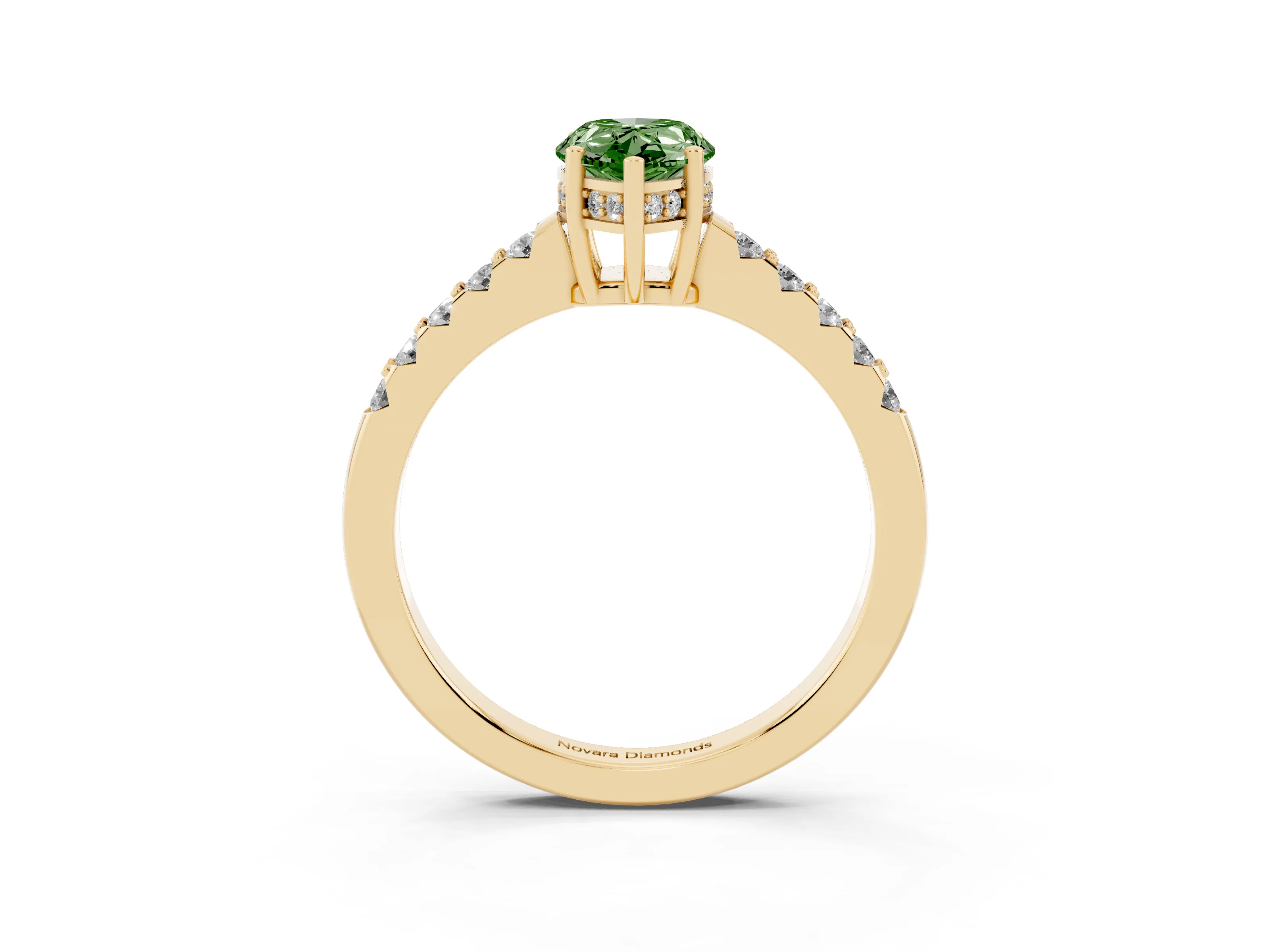 Fancy Green Pear Cut Diamond Solitaire Engagement Ring Set in Yellow gold with Pavé Band and Prong Setting