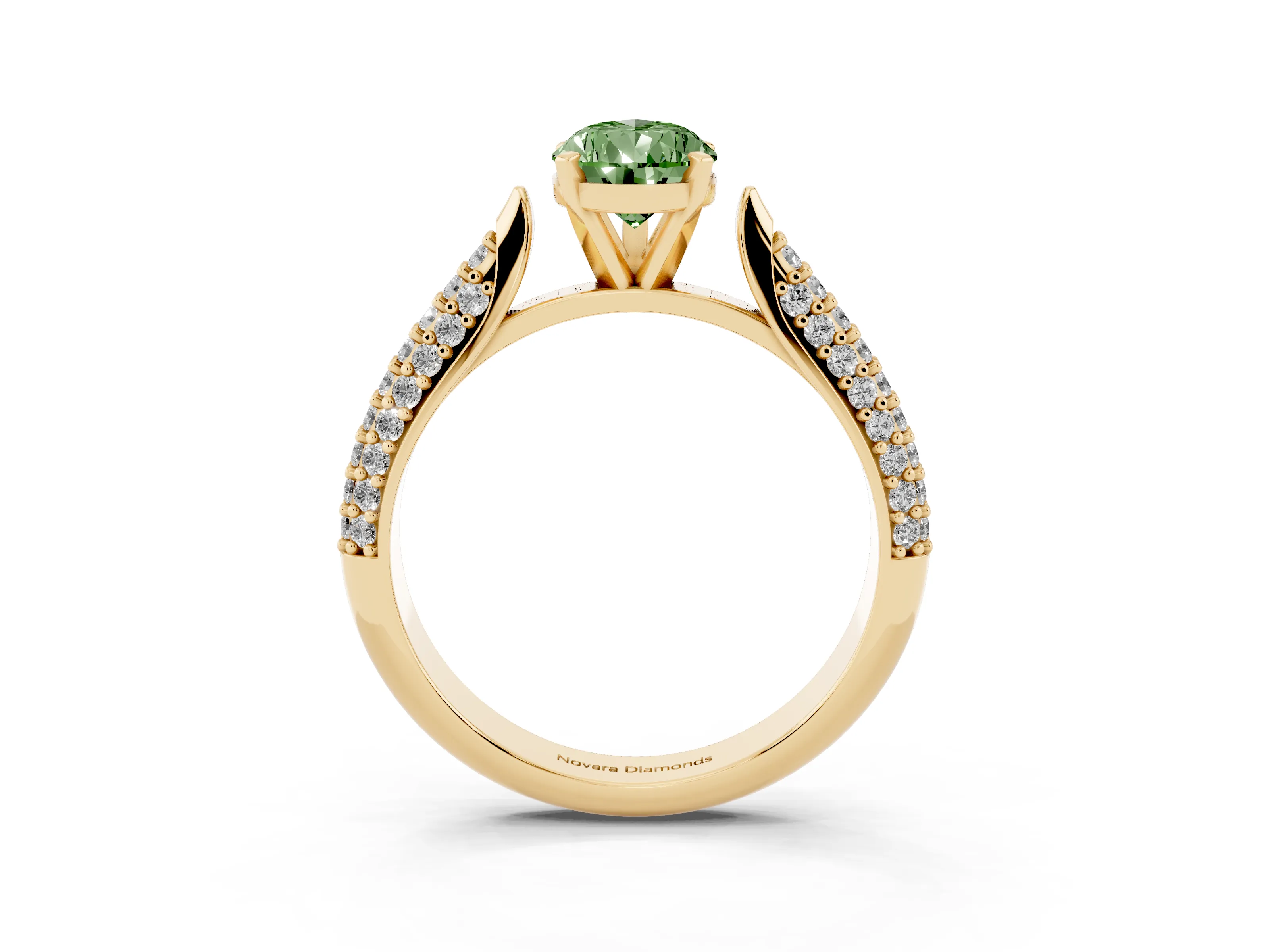 Fancy Green Pear Cut Diamond Solitaire Engagement Ring Set in Yellow gold with Multi-Row Round Pavé Band and Prong Setting