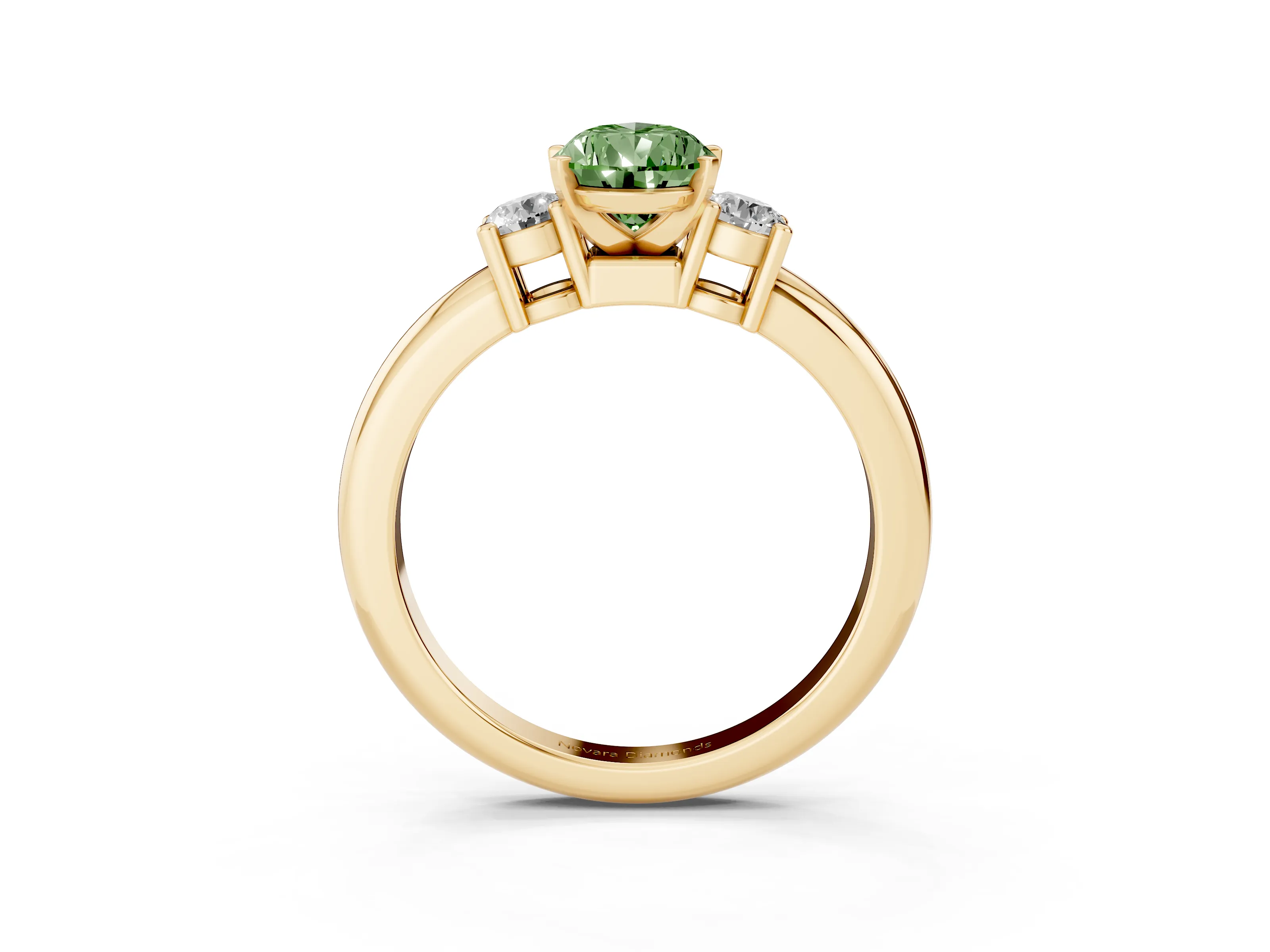 Fancy Green Three-Stone Pear Cut Diamond Ring Set in Yellow gold with Prong Setting and Plain Band