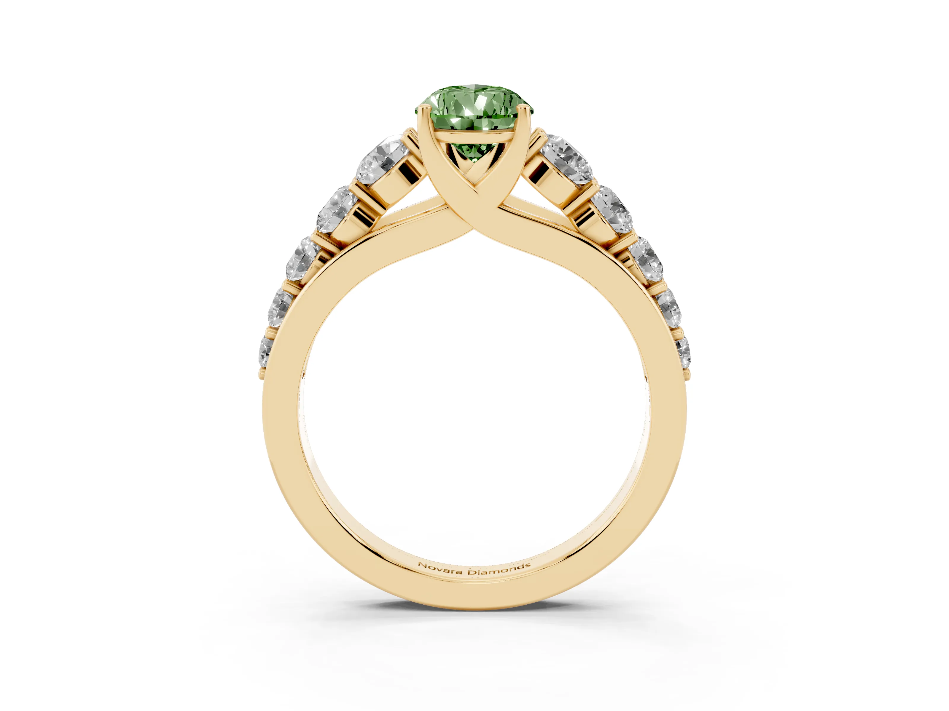 Fancy Green Pear Cut Diamond Solitaire Ring Set in Yellow gold with Pavé-Set Band and Prong Setting